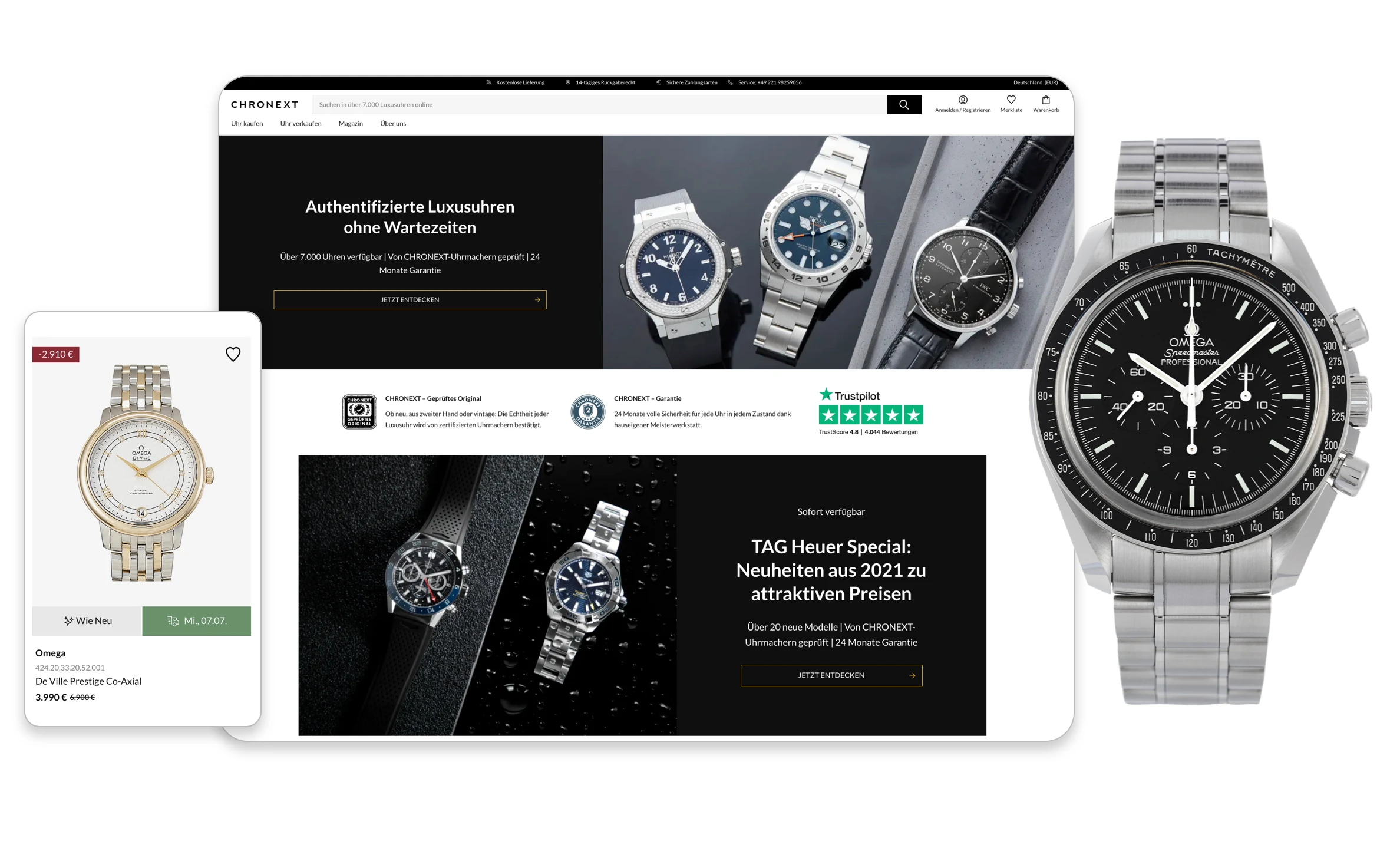 Chronext website showing authentic luxury watches with a featured Omega Speedmaster Professional watch, a discounted Omega De Ville Prestige Co-Axial listing, and several other watches with 24-month warranty and certification badges.