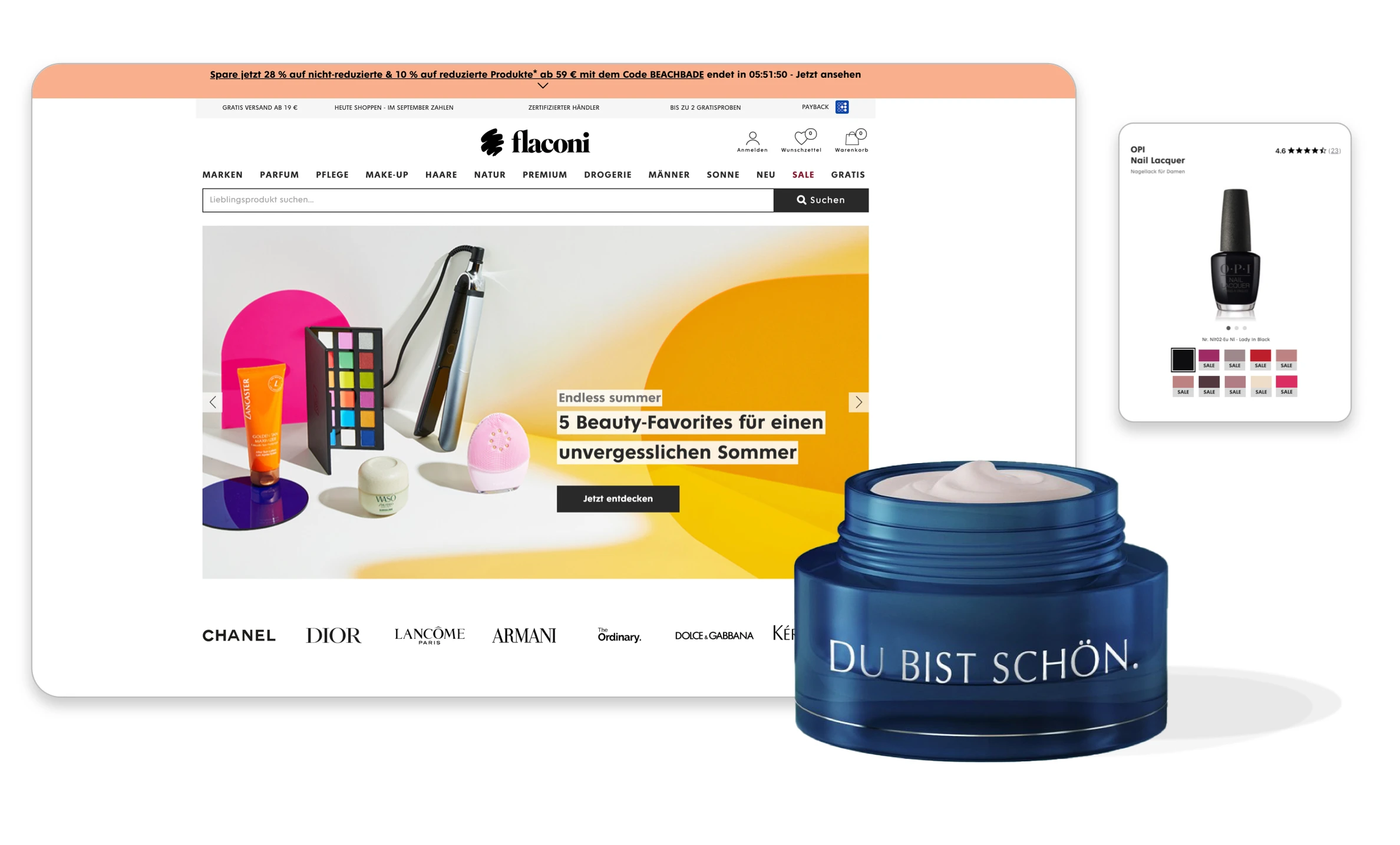 Flaconi website homepage with beauty product carousel, brand logos, open blue cream jar labeled 'Du bist schön,' and a black nail lacquer product card.