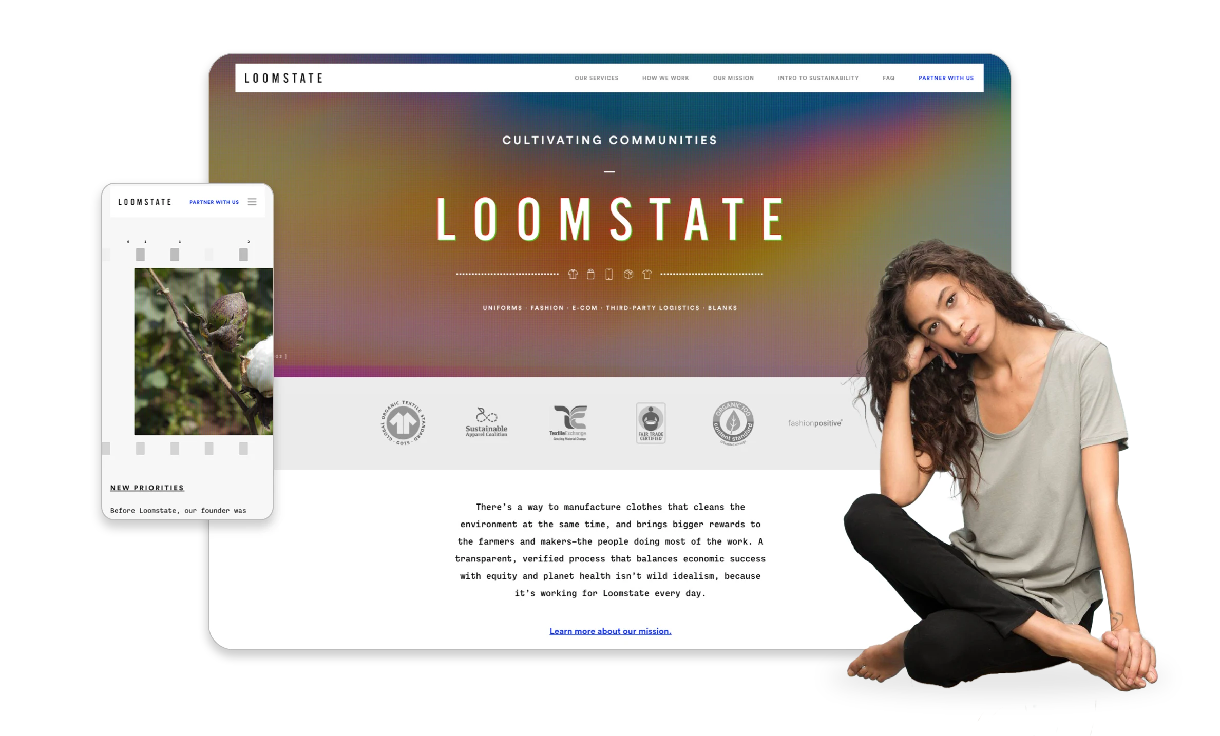 Loomstate website homepage with sustainable fashion focus and a seated woman in a gray t-shirt and black pants on the right.