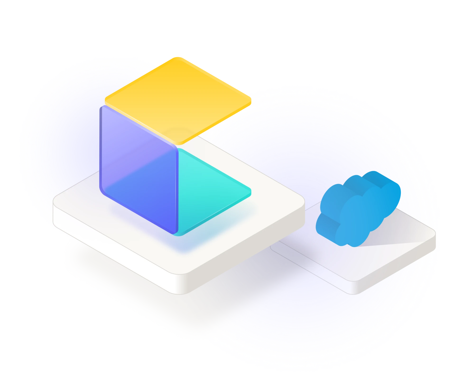 Abstract 3D illustration of overlapping translucent colored squares on a white platform next to a blue cloud icon on another white platform.