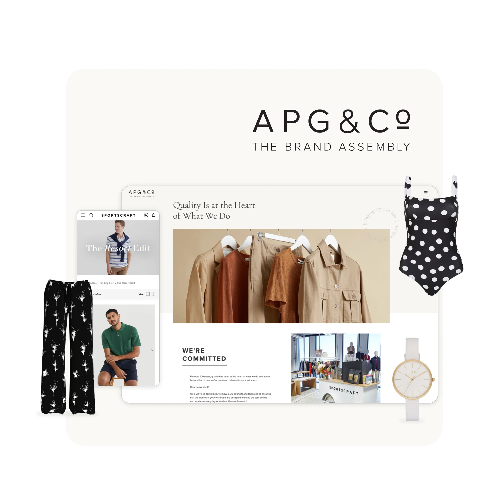 APG&Co branded webpage featuring neutral-toned clothing on hangers, a man in casual wear, black floral pants, a black and white polka dot swimsuit, and a white watch with gold accents.