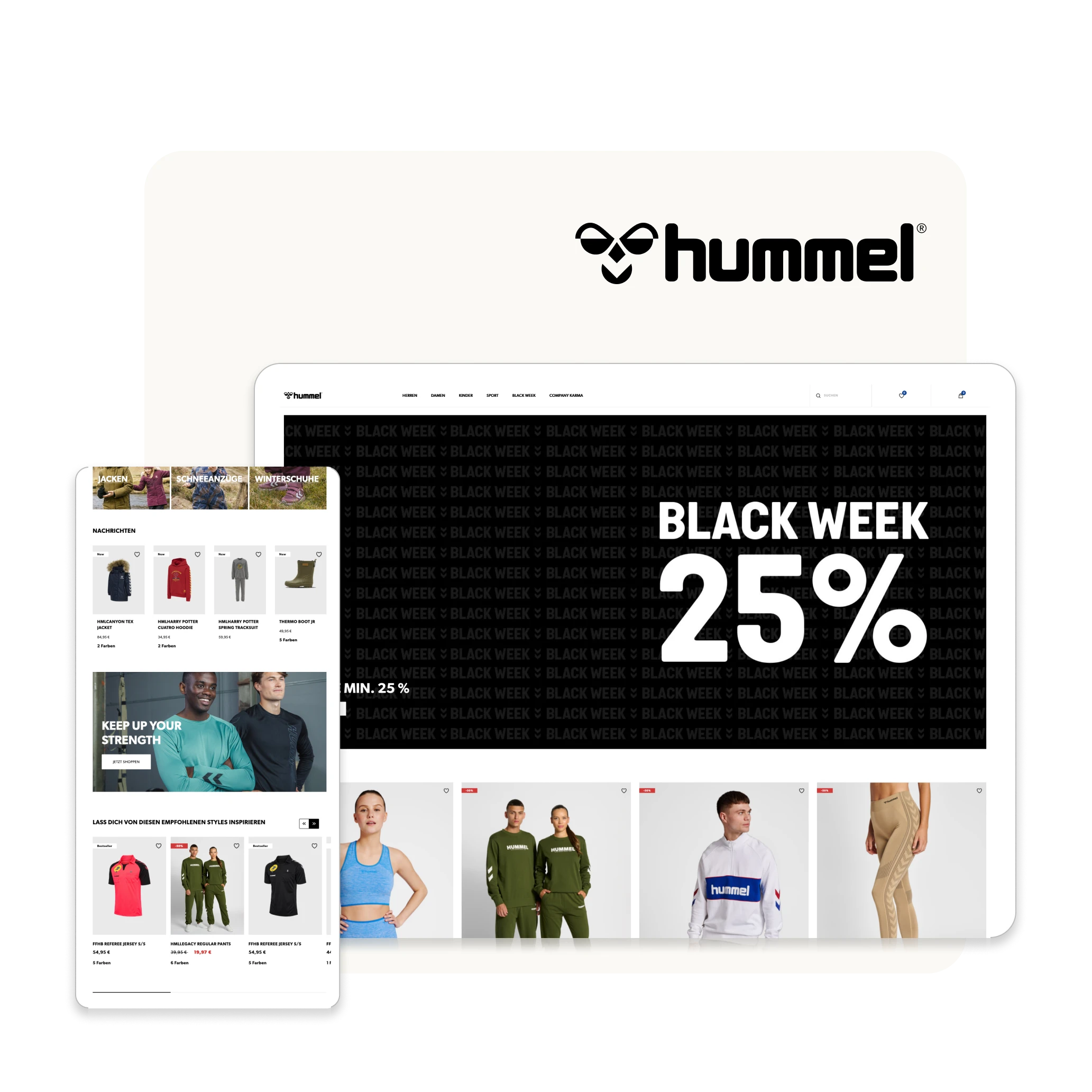 Hummel online store pages on tablet and phone showing Black Week 25% discount and sports apparel products.