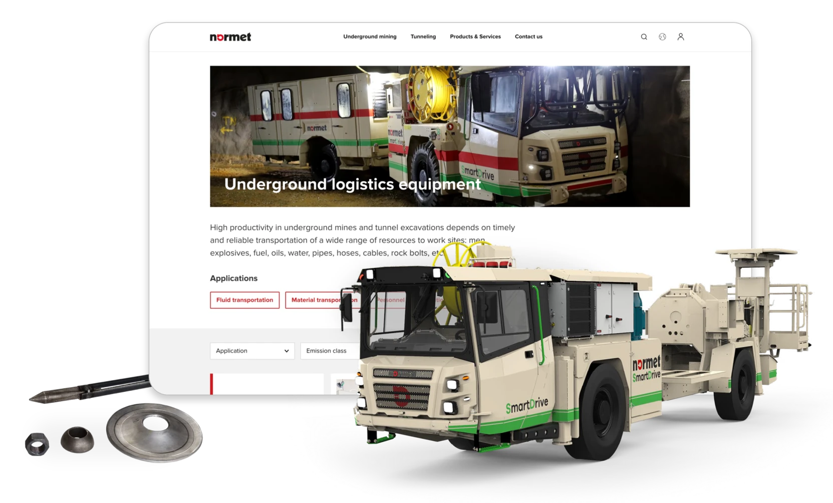 Normet SmartDrive underground mining vehicle with parts displayed in front and a webpage screenshot about underground logistics equipment in the background.