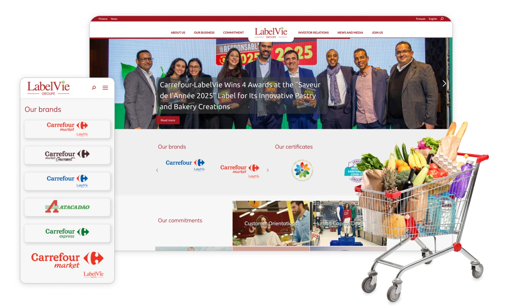LabelVie website homepage and mobile view showing company brands, a group photo of award winners, and a shopping cart filled with groceries.