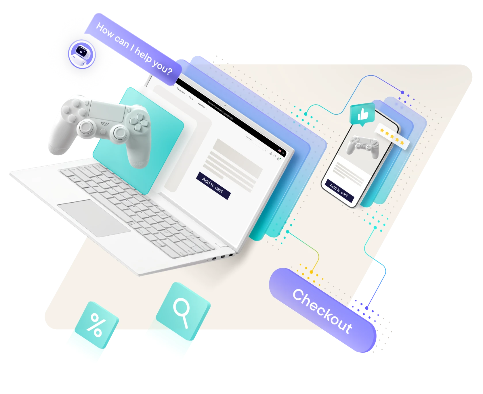 Digital shopping interface showing a laptop and smartphone with a game controller product, featuring options to add to cart, a chatbot asking 'How can I help you?', and icons for discount and search.