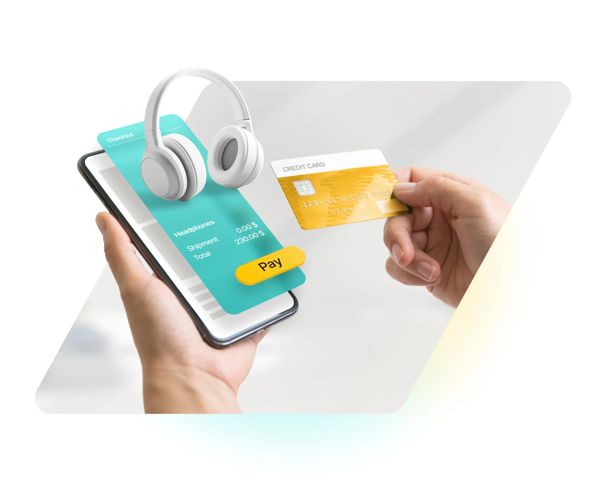 Hand holding a smartphone showing a checkout screen for headphones with a floating white headphone illustration and a yellow Pay button, another hand holding a gold credit card.