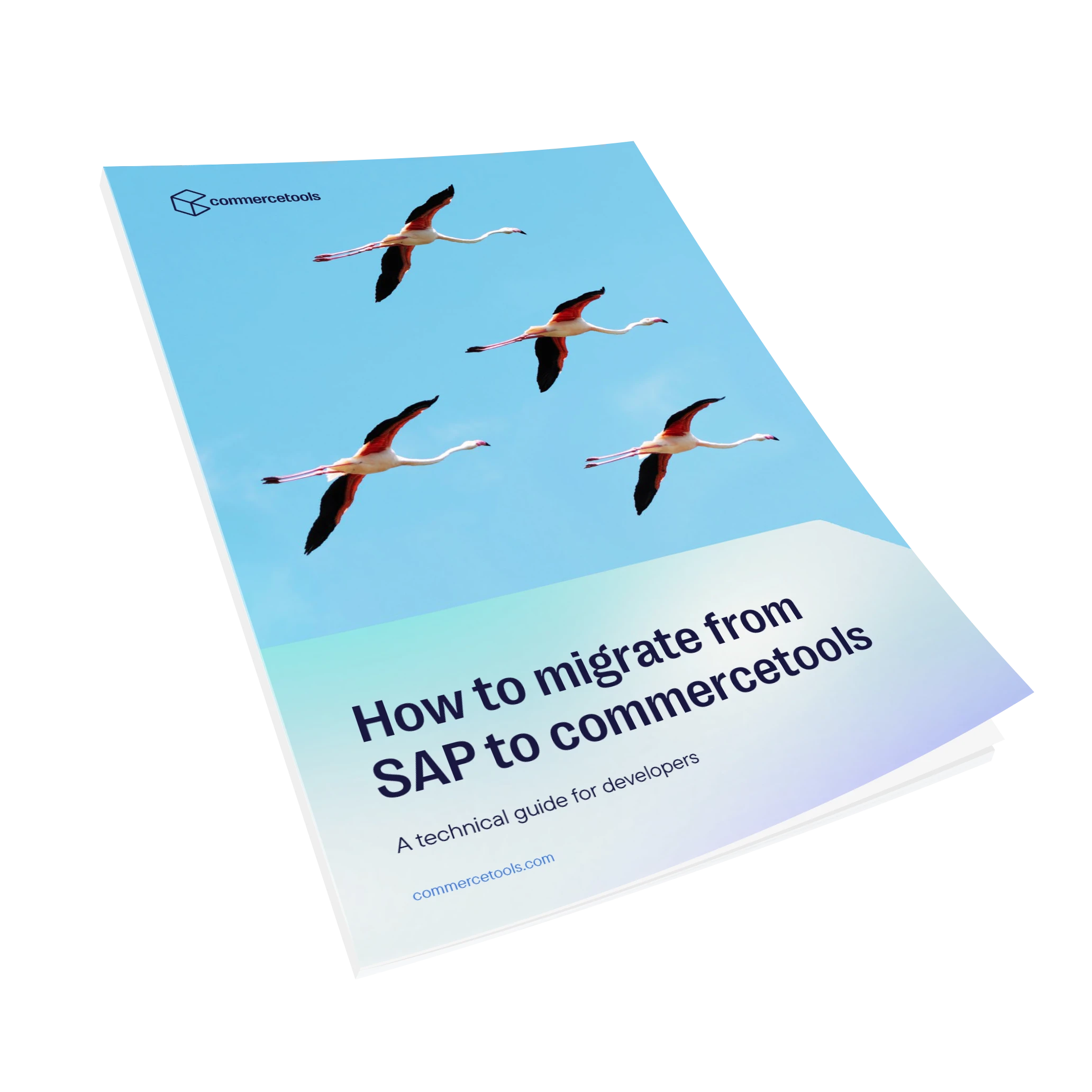 Cover of a technical guide titled 'How to migrate from SAP to commercetools' featuring four flying flamingos against a blue sky.