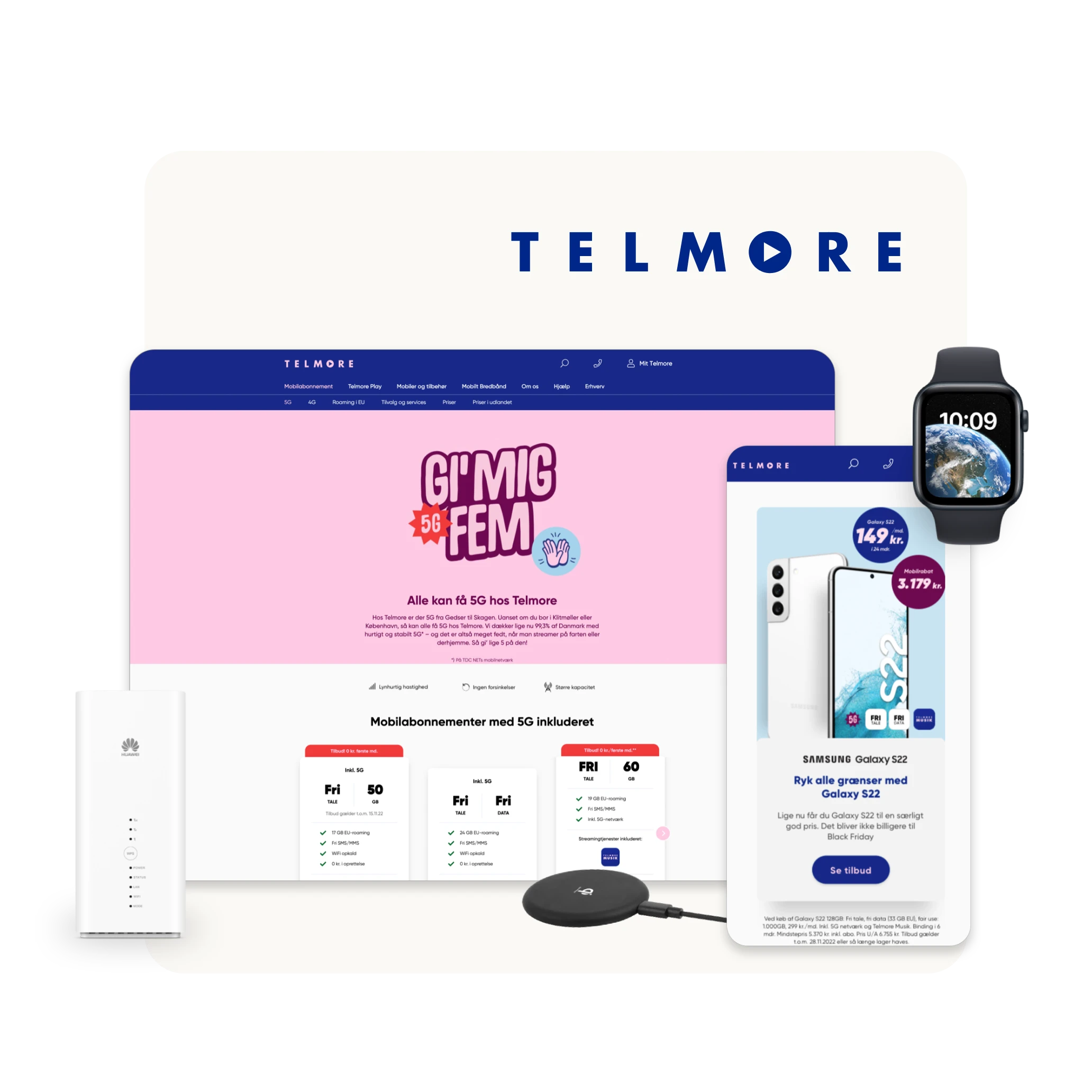 Telmore website promoting 5G mobile subscriptions with Samsung Galaxy S22 offer and smart devices like a smartwatch and modem.