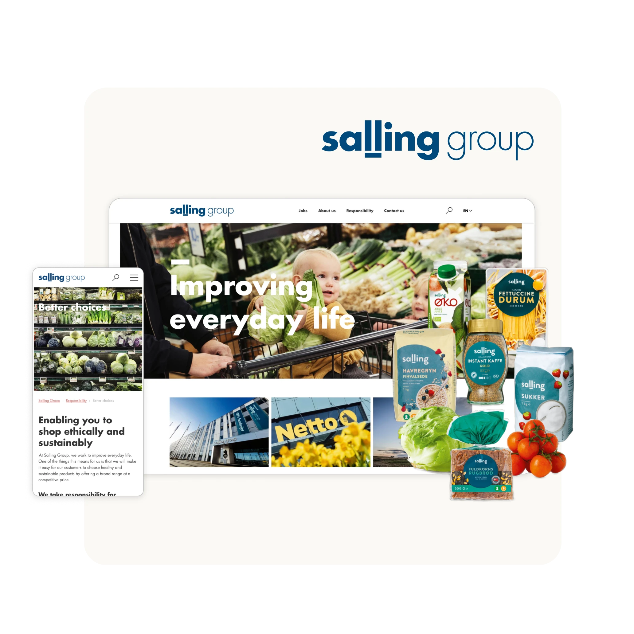 Salling Group logo above screenshots of their website and mobile view promoting ethical shopping and sustainable products with images of groceries and Netto store.