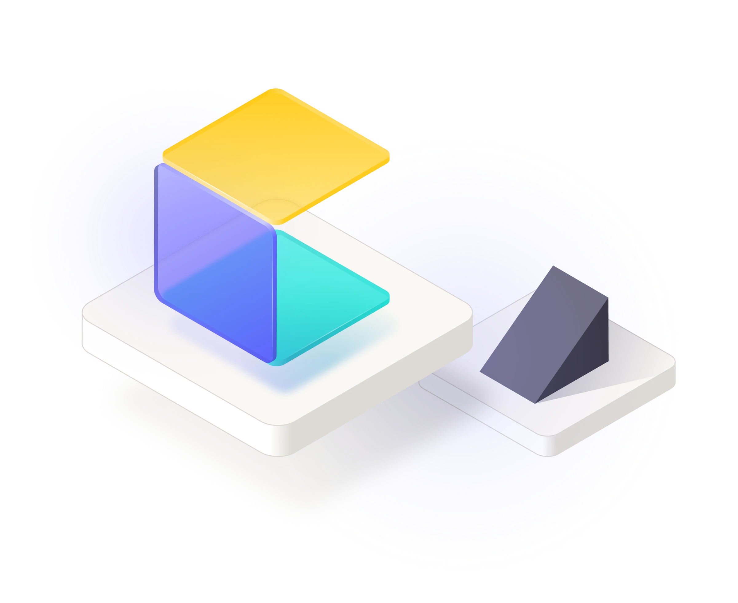 Abstract 3D illustration of colorful translucent geometric shapes on white platforms with a glowing blue circular background.