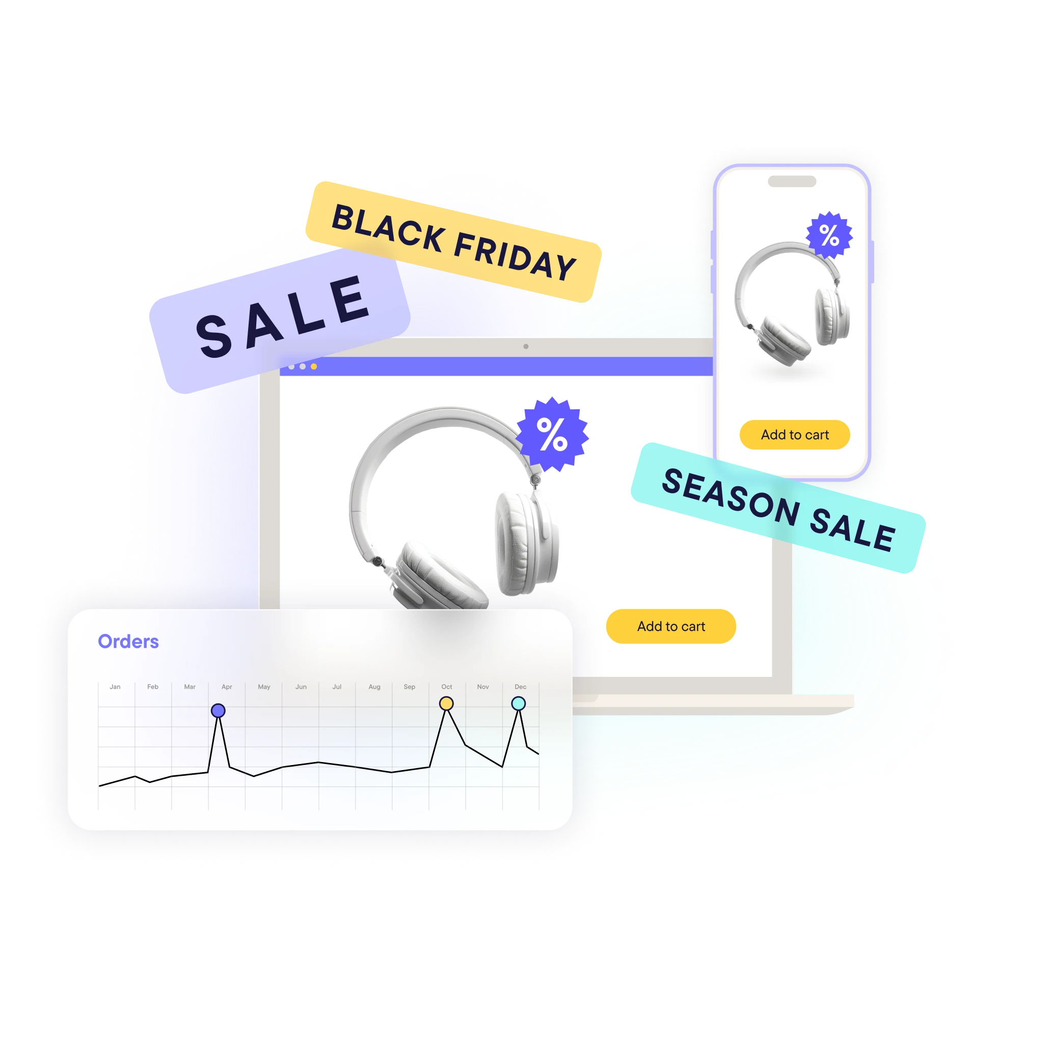 Black Friday season sale promotion showing wireless headphones with discount on laptop and smartphone screens, and a monthly orders graph.