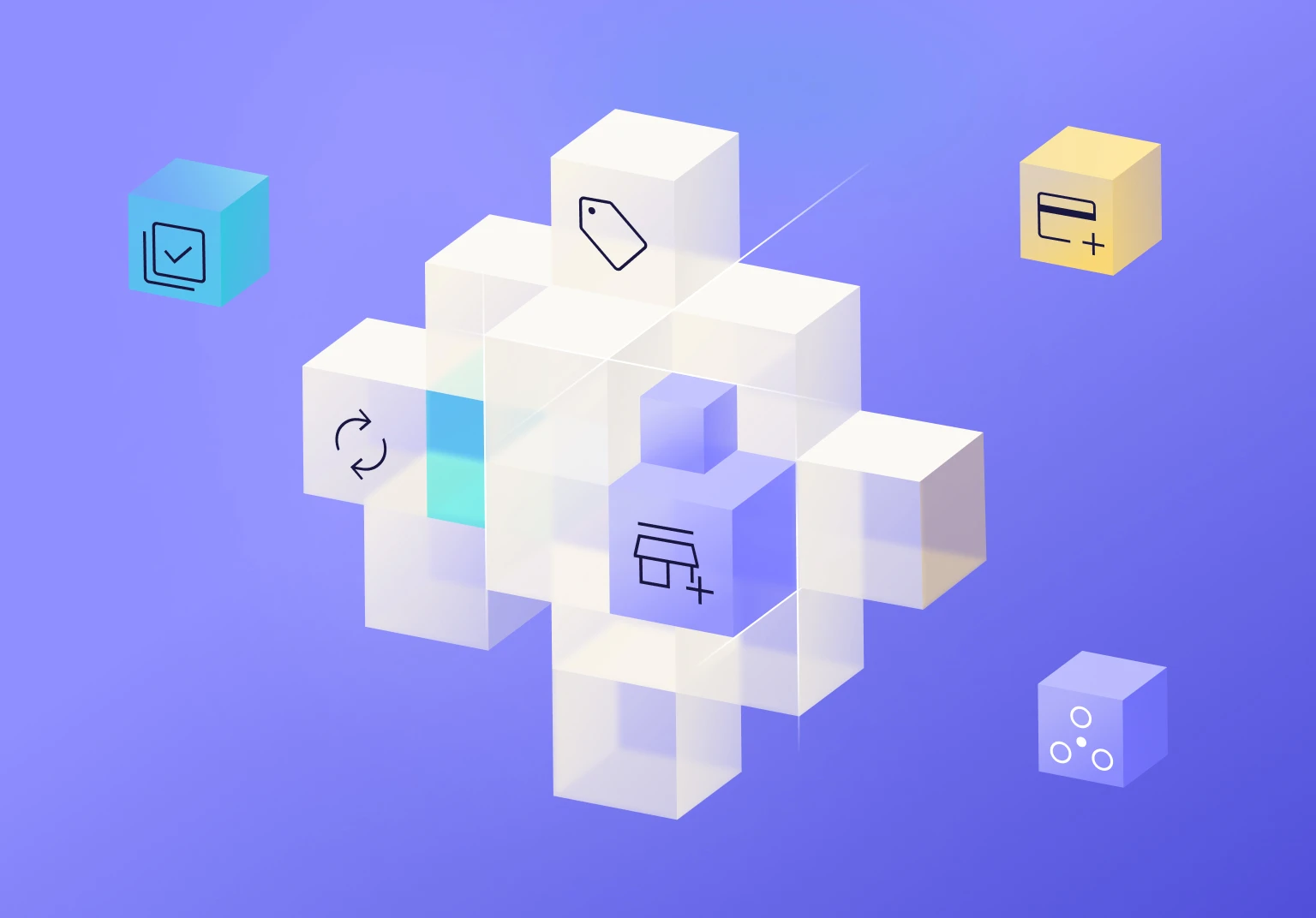 Abstract 3D cubes with icons representing commerce, tags, transactions, and updates, on a purple background.