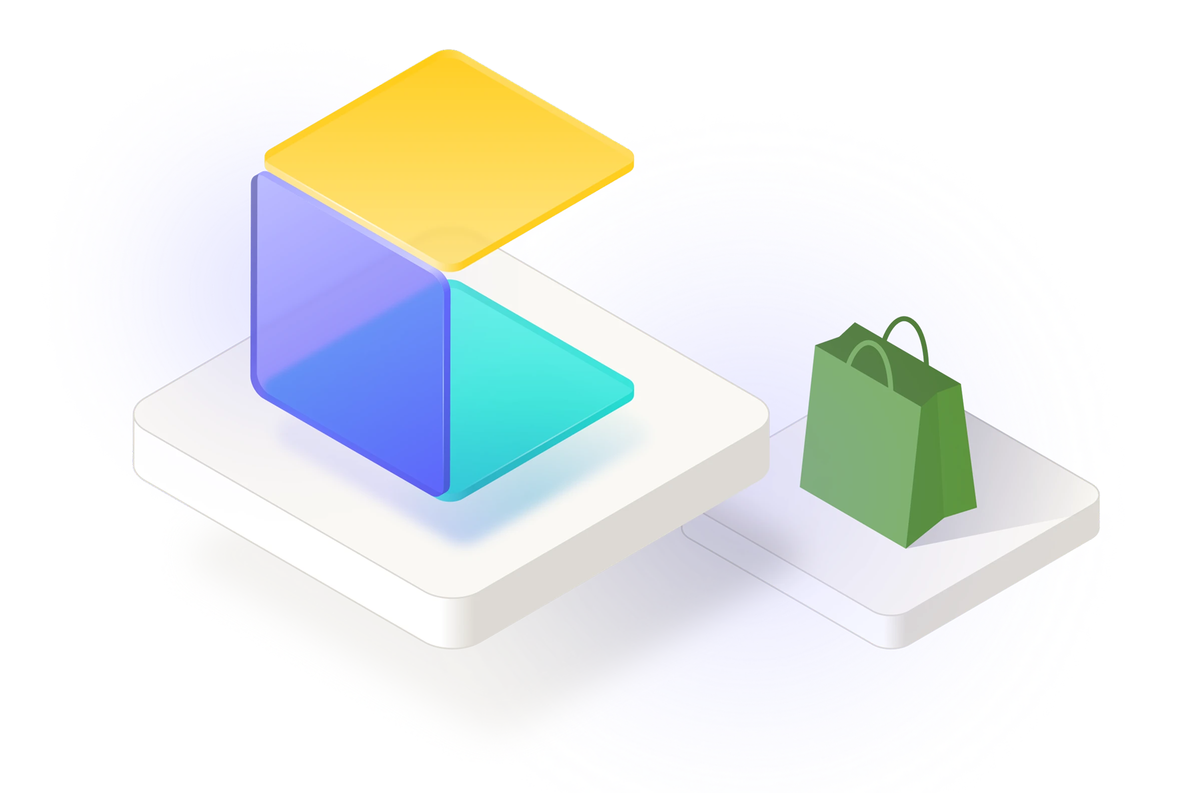 3D illustration of a transparent, multi-colored cube on a white platform next to a white platform with a green shopping bag.