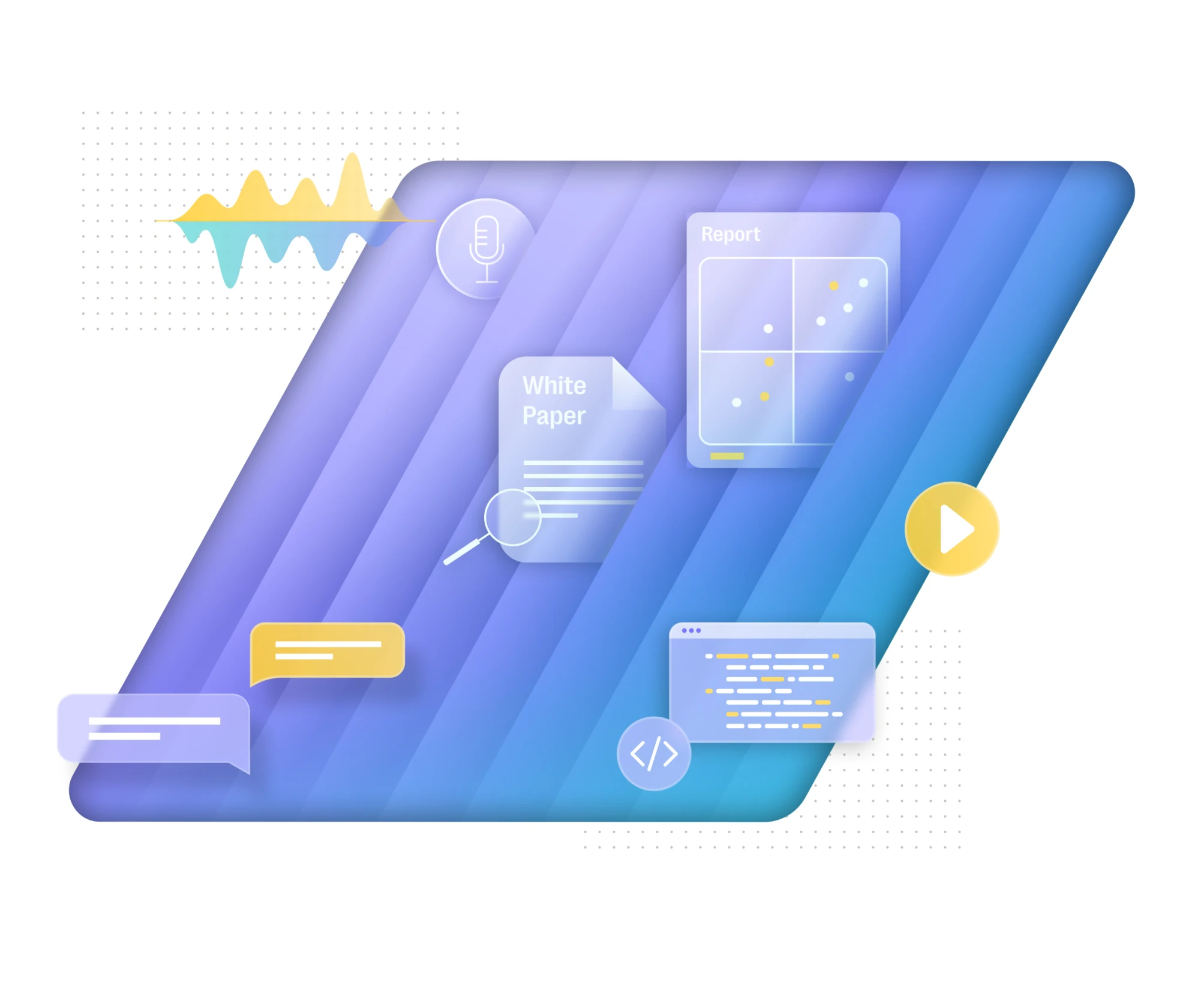 Abstract digital interface with icons for microphone, white paper, report chart, code snippet, chat bubbles, and play button on a blue gradient background.