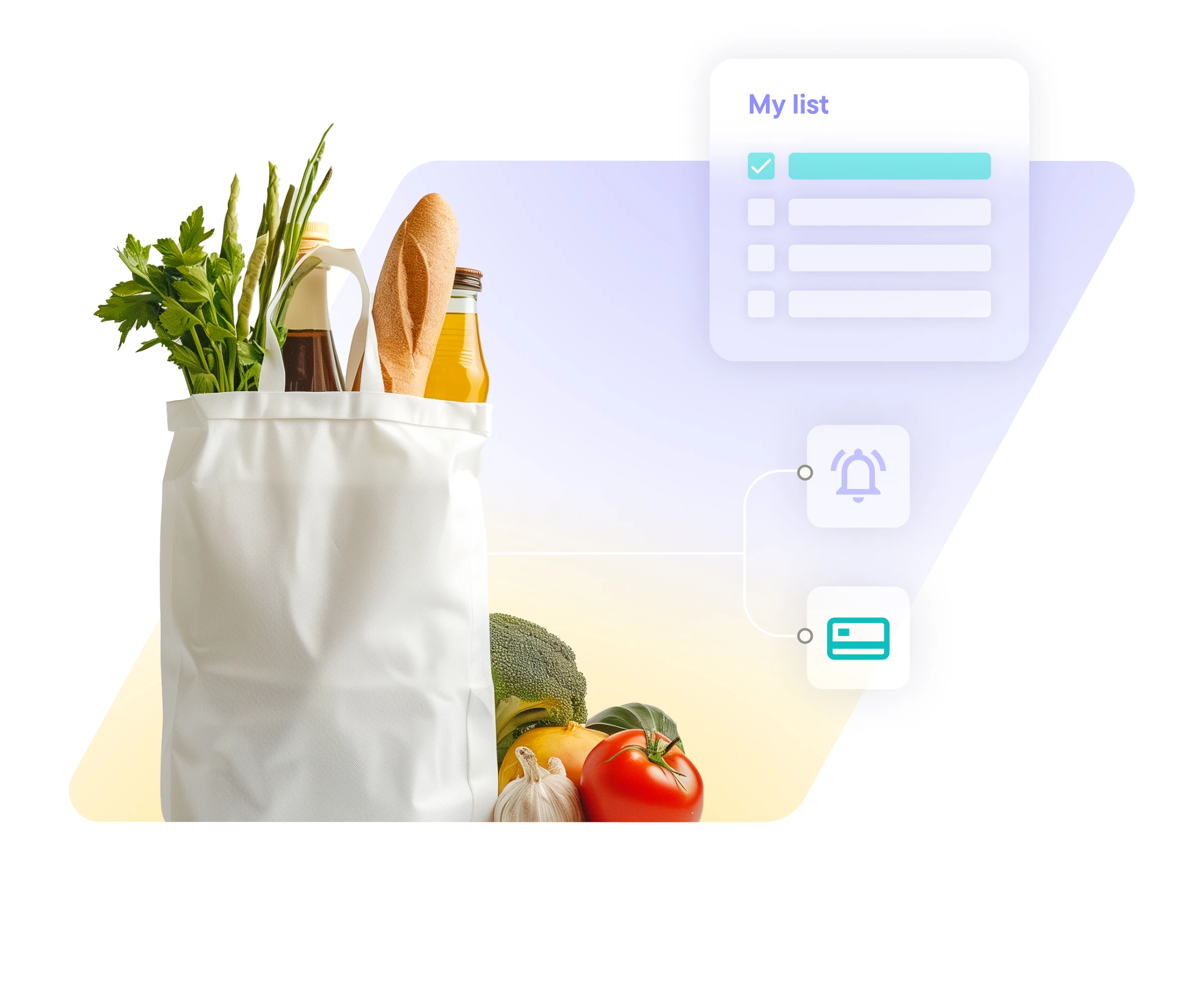 White reusable grocery bag filled with fresh vegetables, bread, and bottles next to a digital checklist titled My list with notification and payment icons.