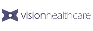 Vision Healthcare logo with dark purple abstract eye symbol to the left of the company name.