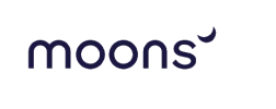 Moons company logo with stylized lowercase text and a crescent moon shape above the letter s.