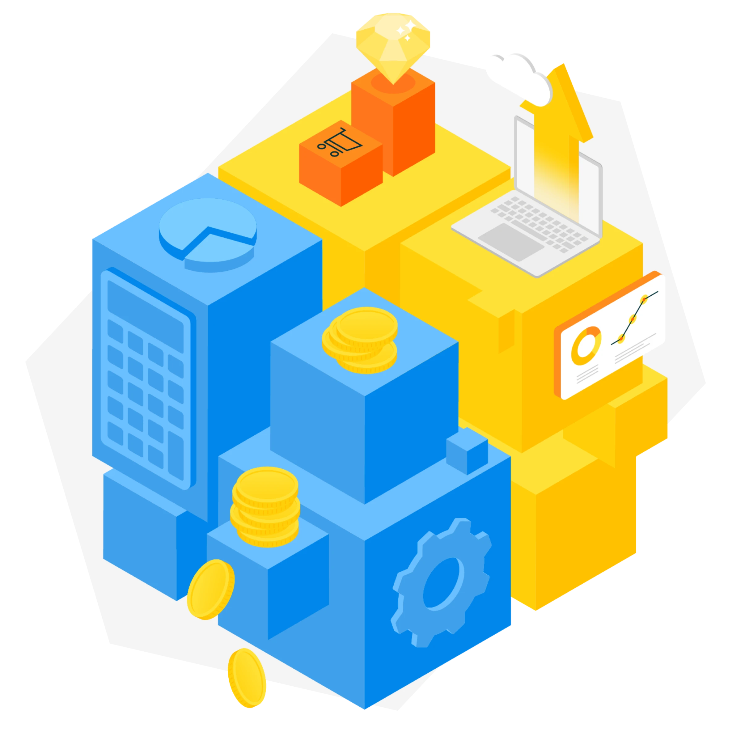 Illustration of blue and yellow 3D blocks with a calculator, coins, gear icon, shopping cart icons, a diamond, a laptop with an upward arrow, and a chart representing finance and business growth.