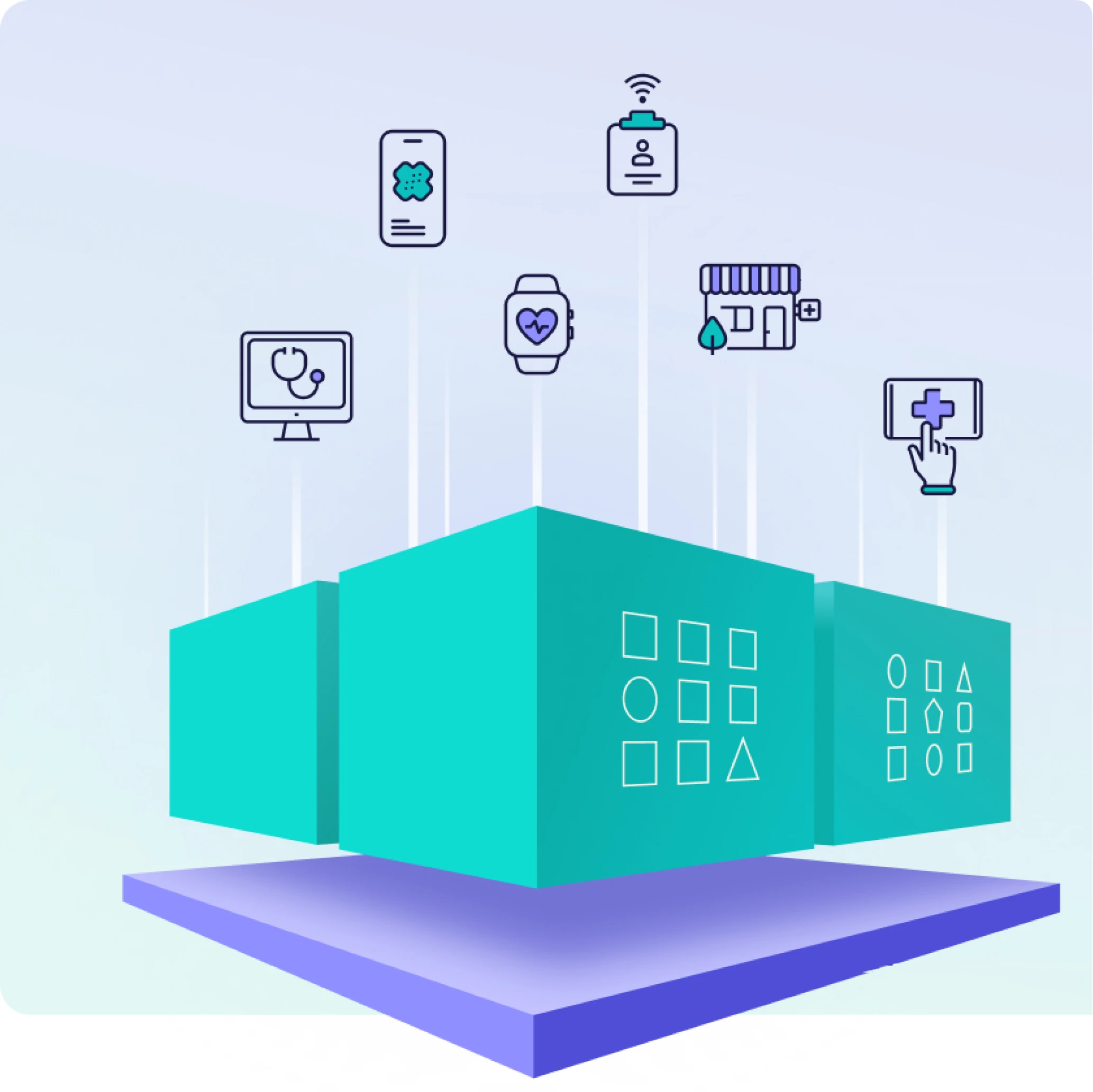Three teal 3D cubes on a purple platform with floating healthcare icons above, including a stethoscope on a computer screen, a smartphone with a bandage, a smartwatch with a heart symbol, a wireless clipboard, a pharmacy storefront, and a hand touching a medical cross on a tablet.