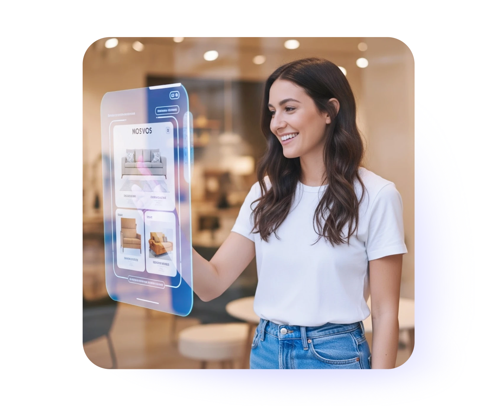 Smiling woman interacting with a transparent touchscreen displaying furniture options including a sofa and chairs.