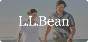 Smiling man and woman walking outdoors near water with L.L.Bean logo overlay.