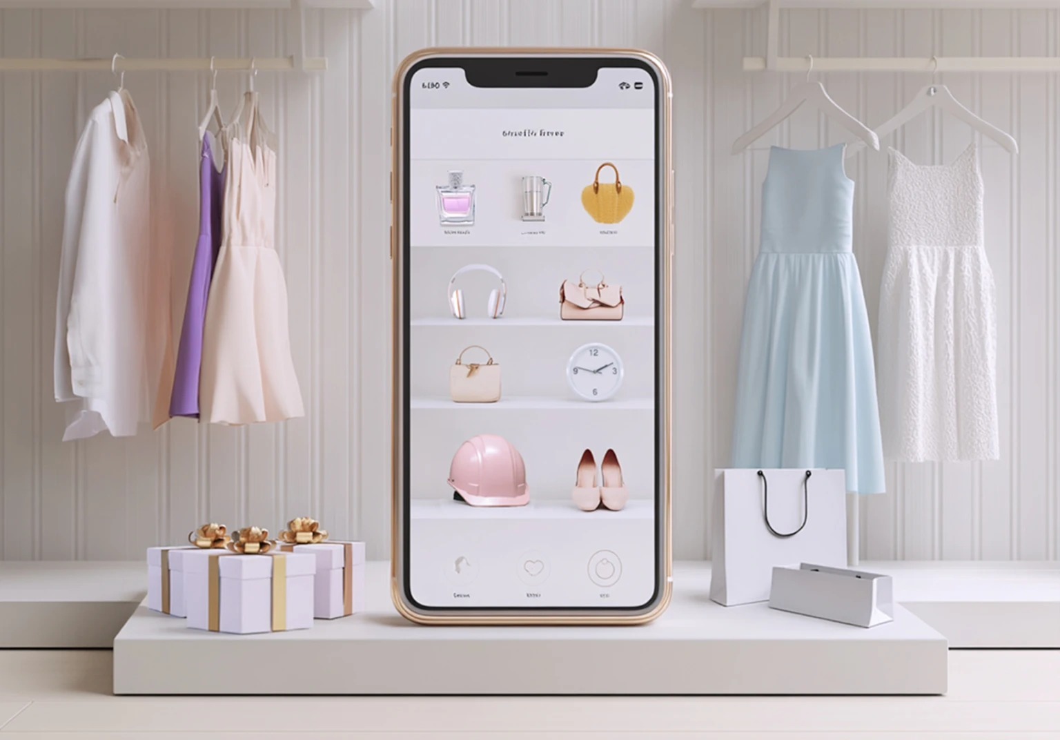 Smartphone displaying an online store with various products including perfume, handbag, headphones, clock, helmet, and shoes, surrounded by hanging dresses and gift boxes.