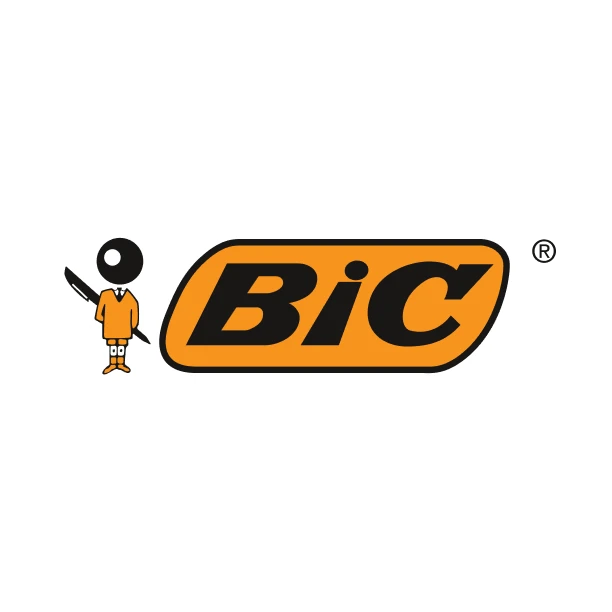 Bic logo with a stylized figure holding a pen next to the orange and black BiC text.