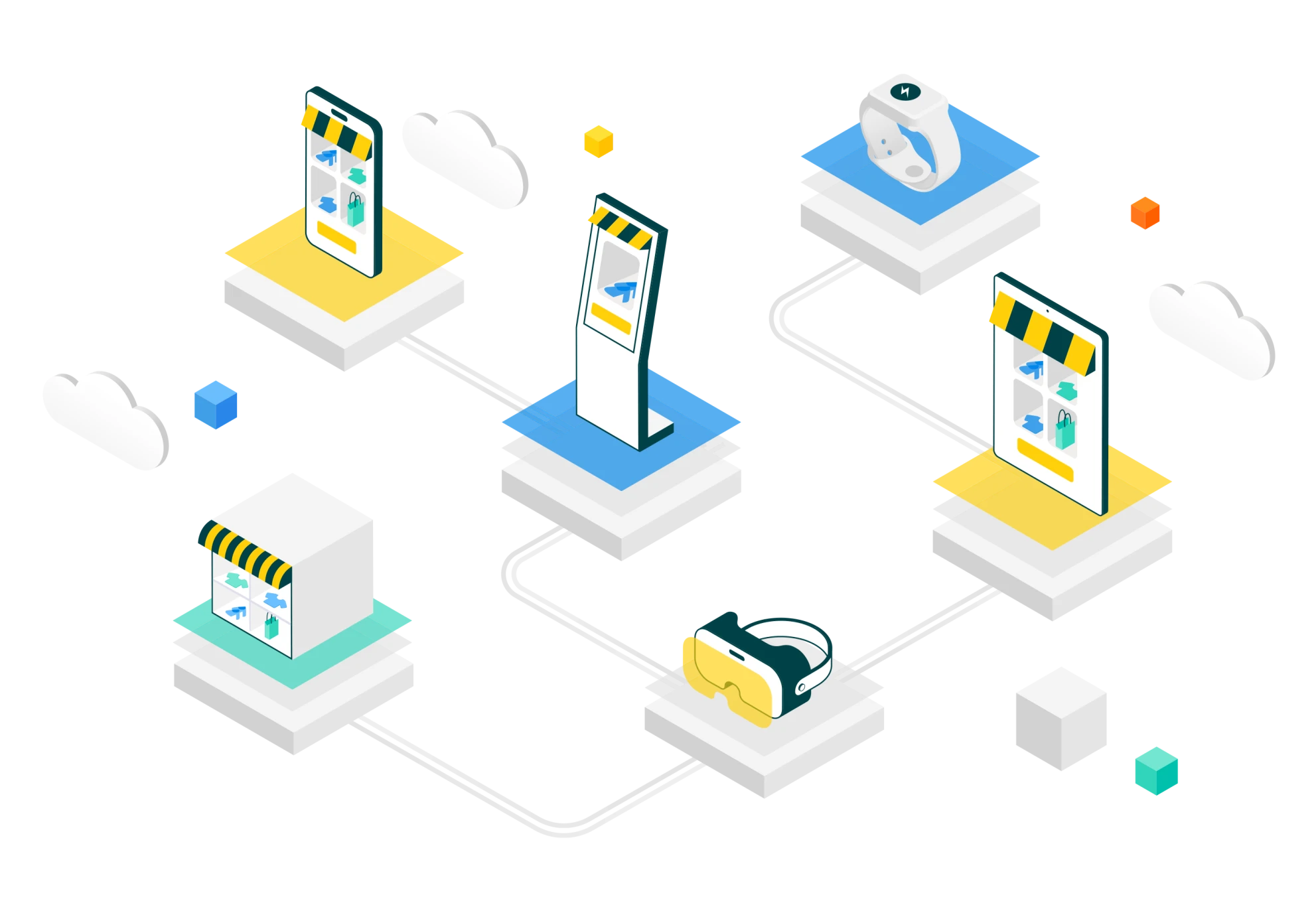 Isometric illustration showing connected digital devices including smartphones, a fitness watch, and a VR headset representing an omnichannel retail network.