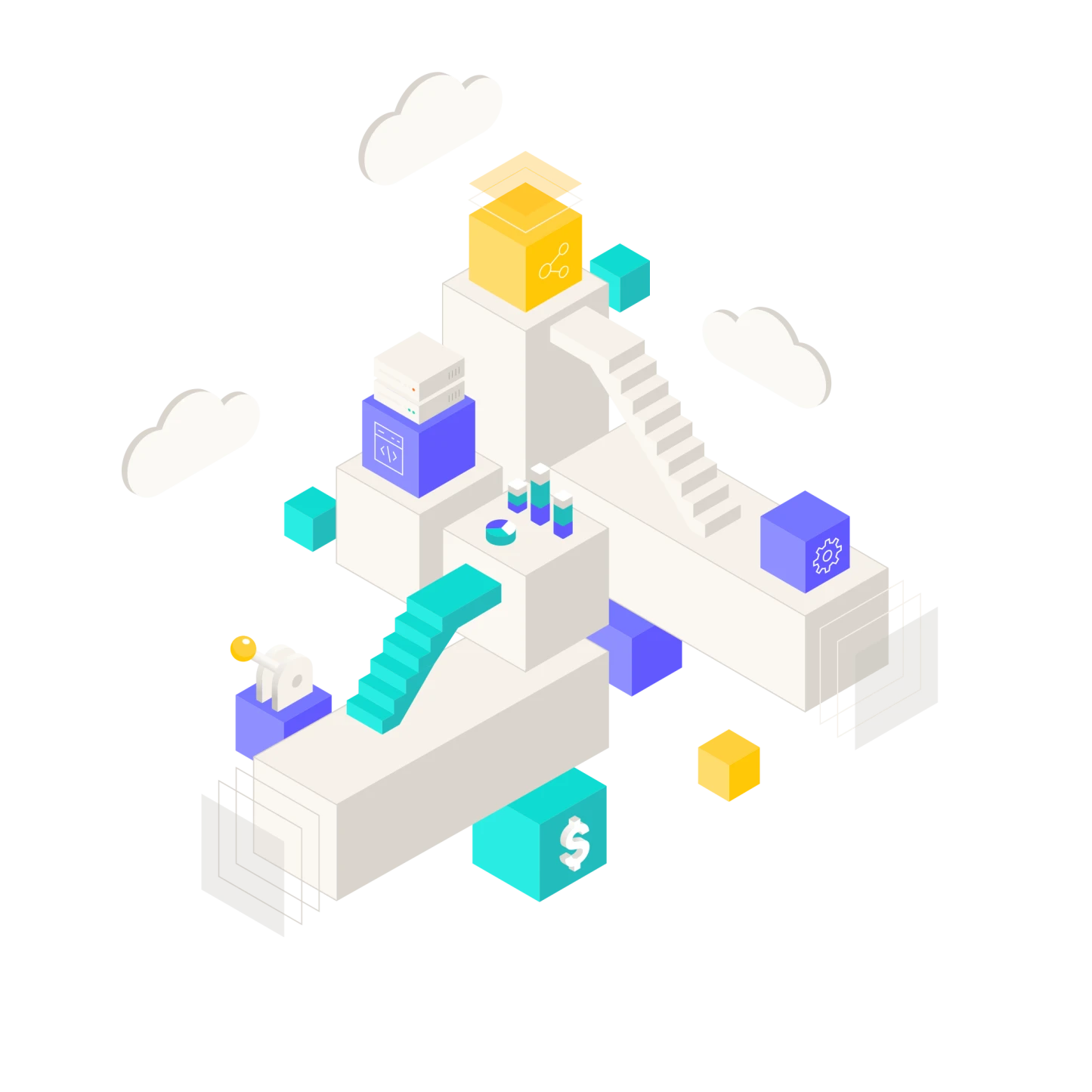 Isometric illustration of interconnected blocks with symbols of coding, settings, sharing, analytics, and finance linked by staircases and clouds.