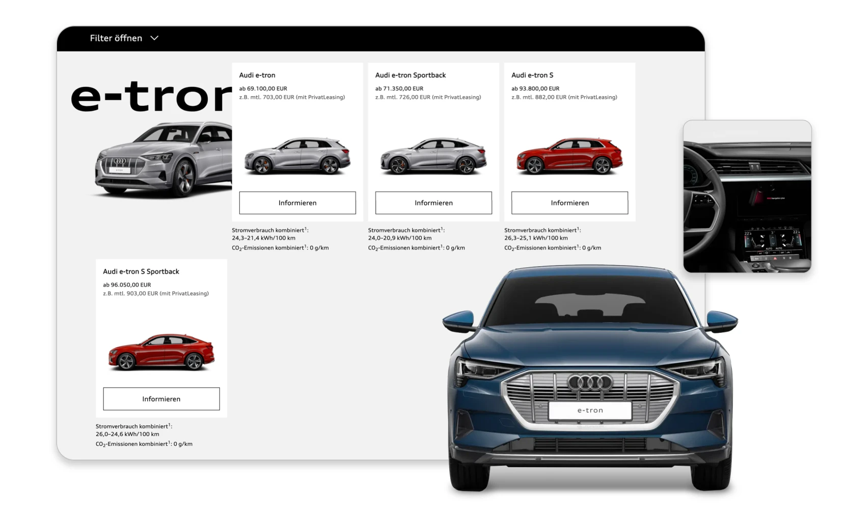 Audi e-tron electric SUV models displayed with pricing and specifications, including front view of blue Audi e-tron and close-up of car interior dashboard.