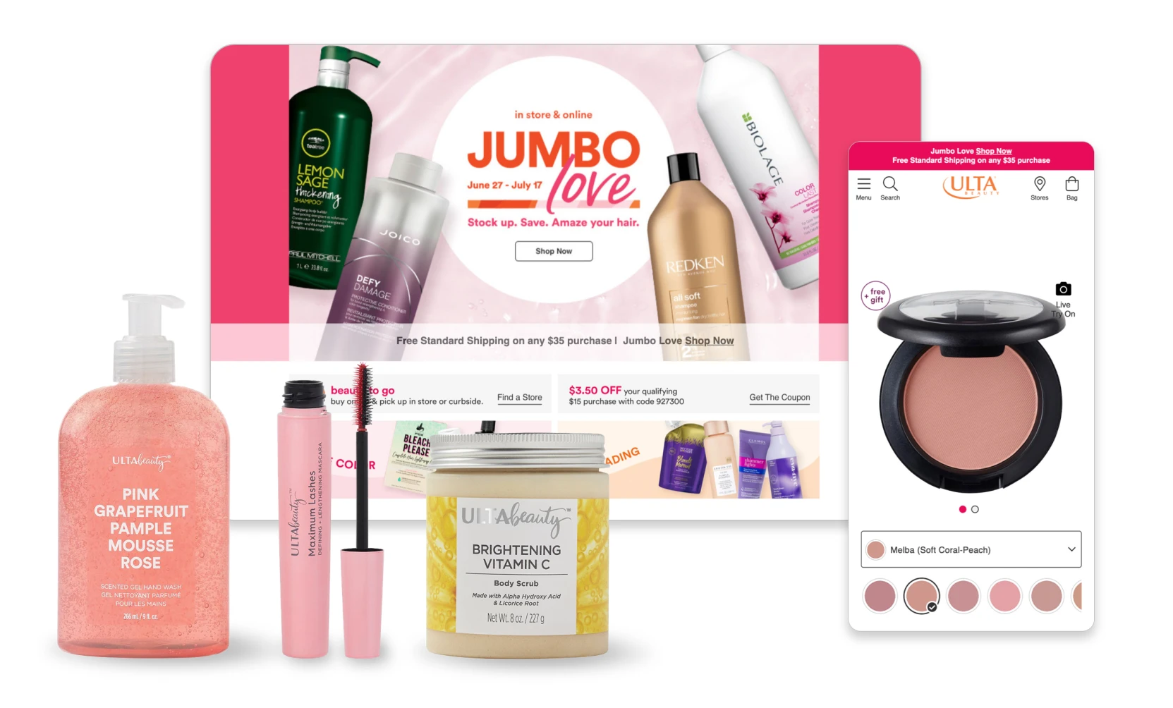 Ulta Beauty promotional image showing Pink Grapefruit Pamplemousse Rose hand wash, Maximum Lashes mascara, Brightening Vitamin C body scrub, and an online product page for Melba soft coral-peach makeup blush.