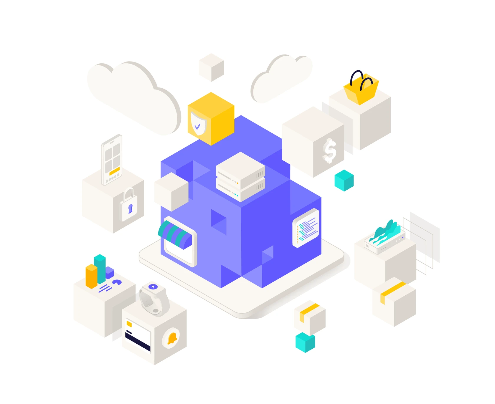 3D illustration of a blue block platform with server icons, surrounded by cubes depicting security, shopping, data analytics, and devices.
