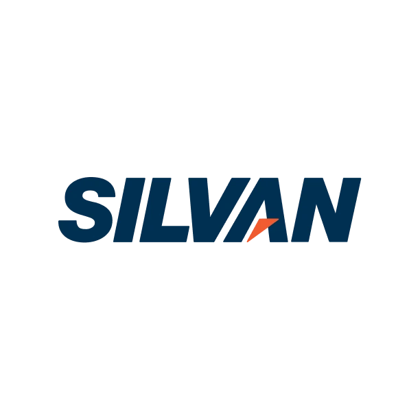 Silvan brand logo with dark blue letters and an orange accent within the letter A.