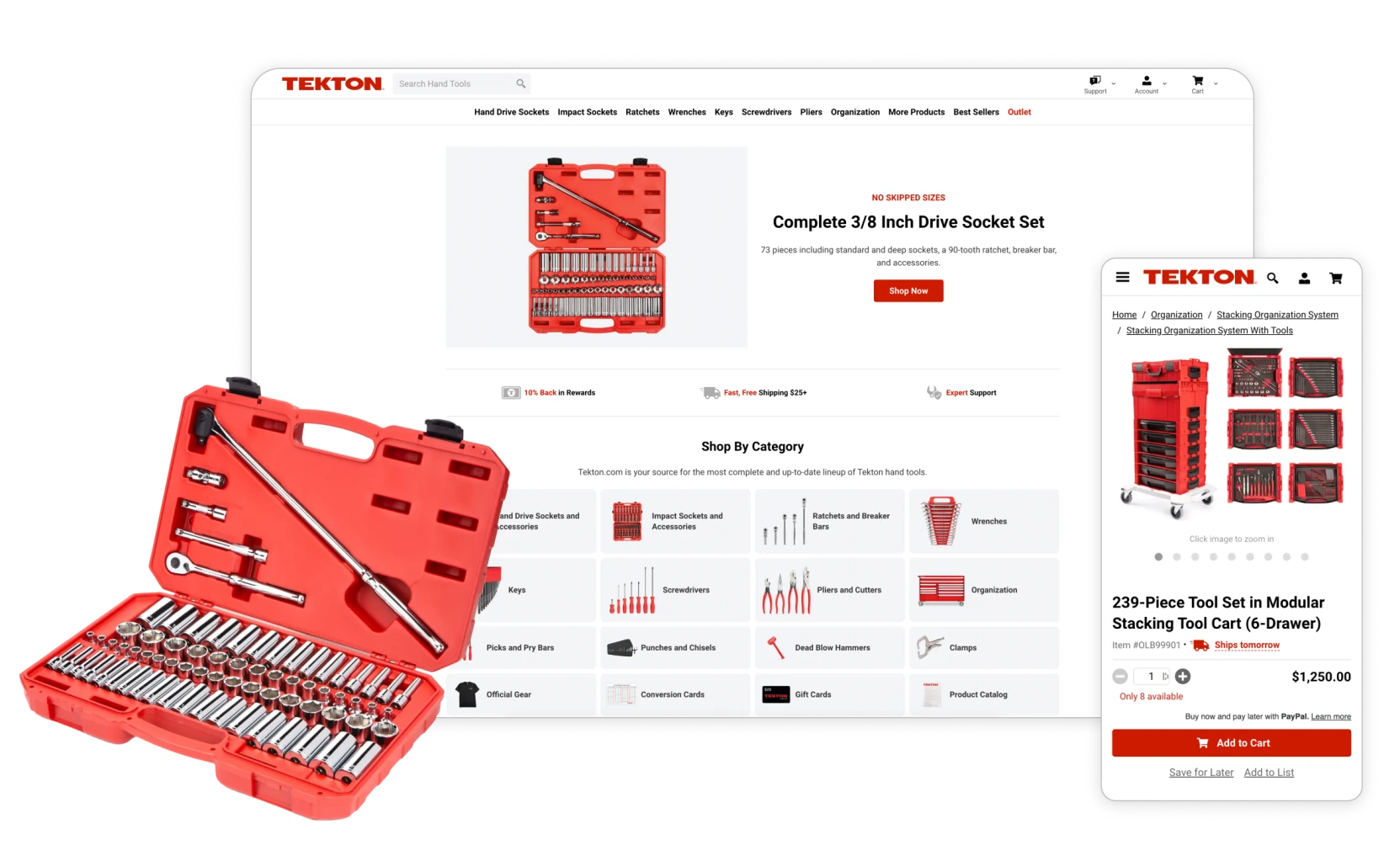 Tekton website showing a complete 3/8 inch drive socket set in a red case and a mobile view of a 239-piece modular stacking tool cart with six drawers priced at $1,250.00.