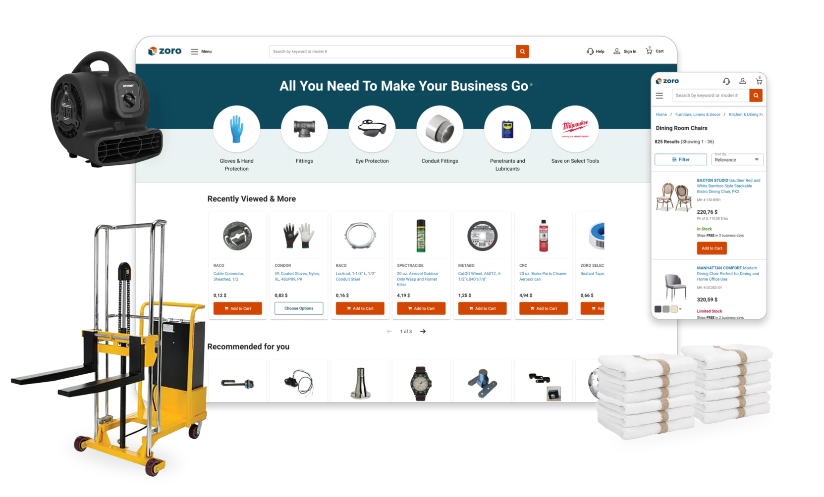 Composite image showing Zoro online shopping website on desktop and mobile, surrounded by industrial tools including a black blower fan, a yellow hydraulic forklift, and stacked white folded towels.