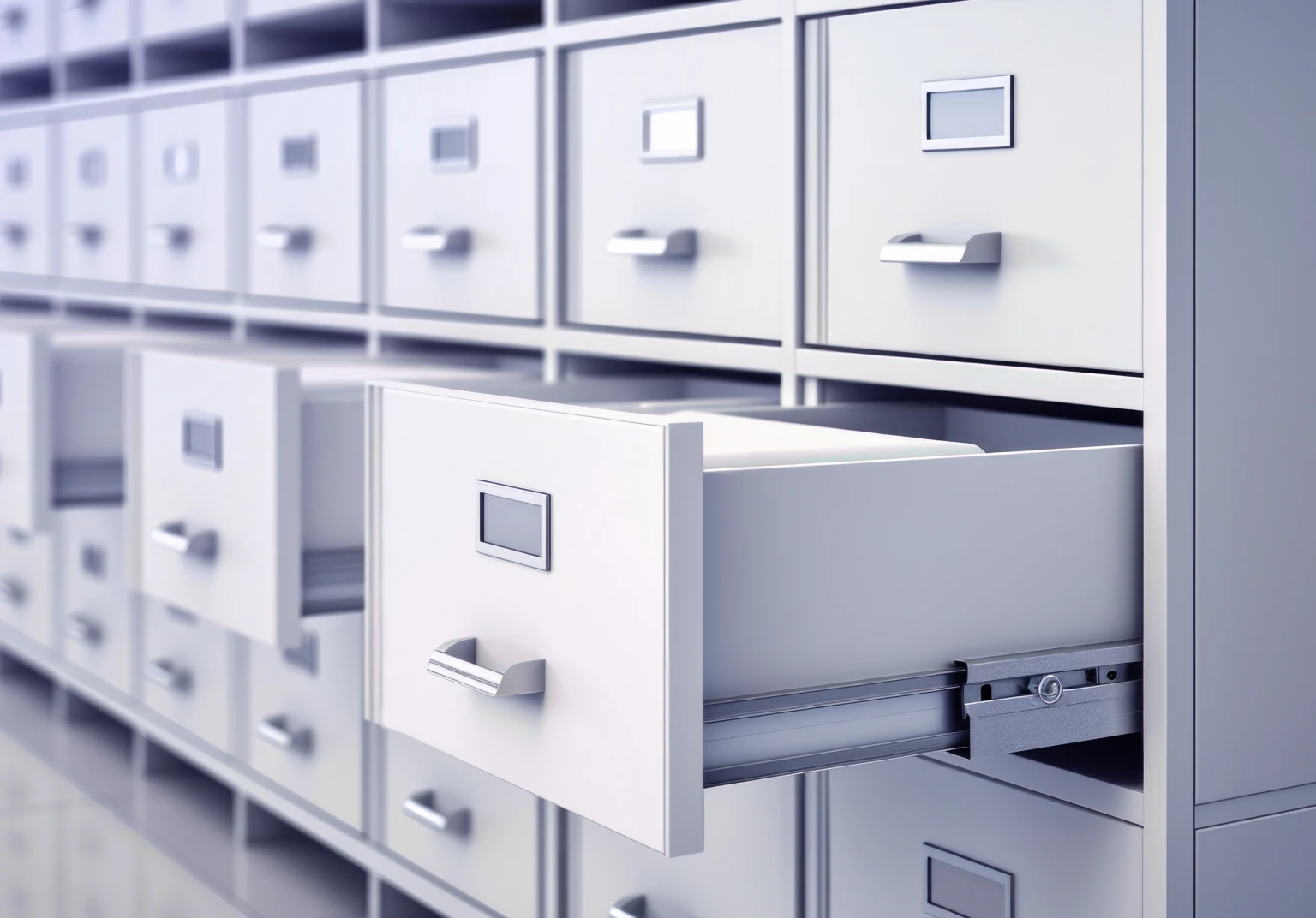Row of white metal filing cabinet drawers with one drawer partially open.