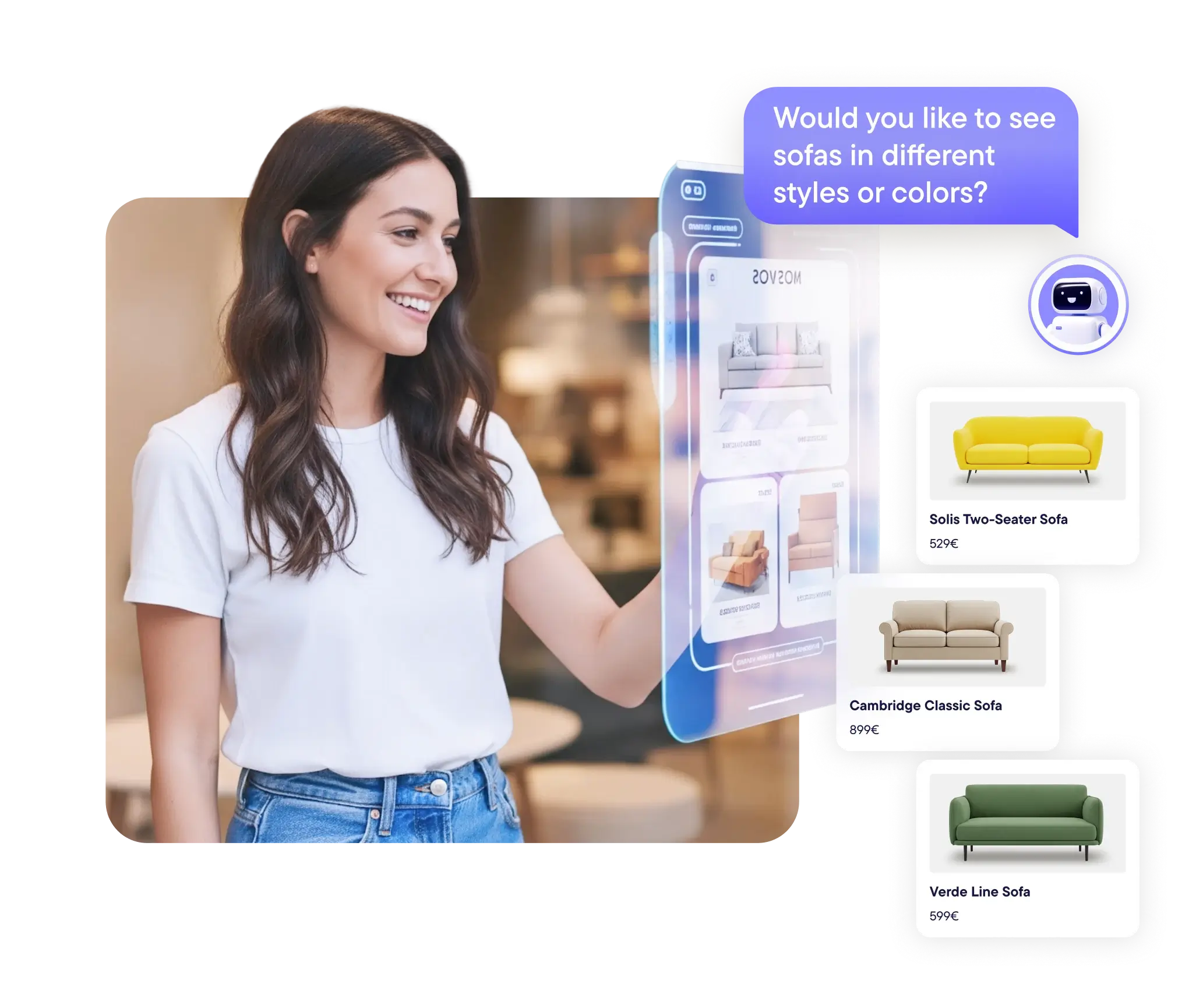 A smiling woman interacts with a virtual interface displaying sofa options and a chat bubble asking about different styles or colors.