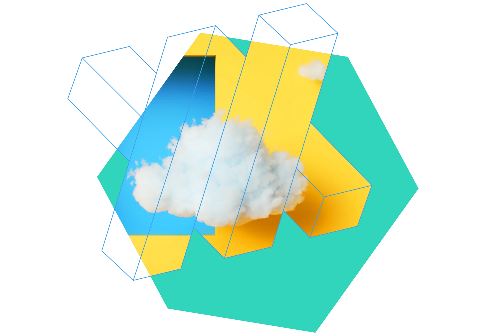 Three vertical yellow transparent boxes with outlines over a larger yellow 3D number one, set against a teal hexagon background with a cloud in front.