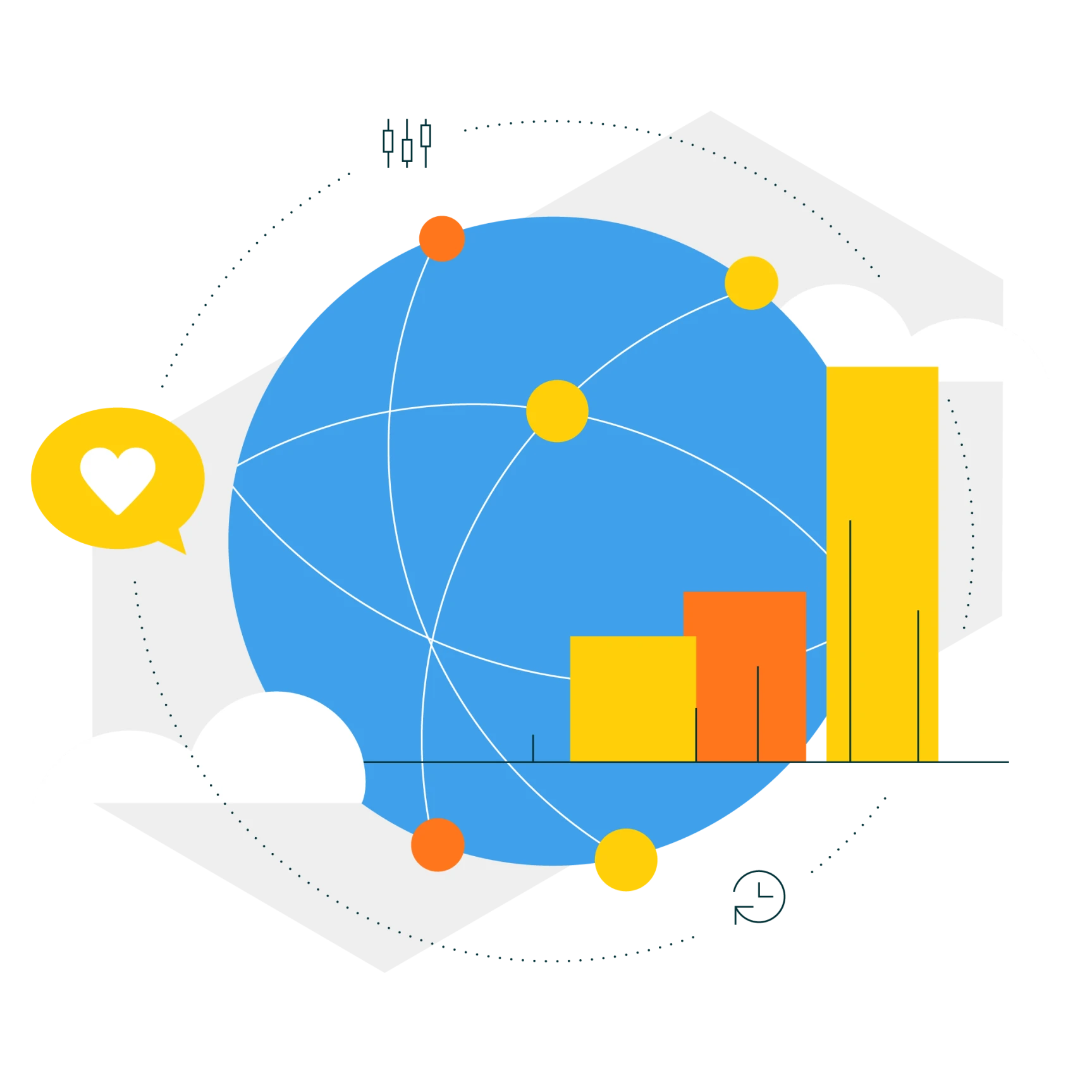 Illustration of a blue globe with connecting yellow and orange nodes, a bar chart in yellow and orange, and a yellow chat bubble with a white heart.