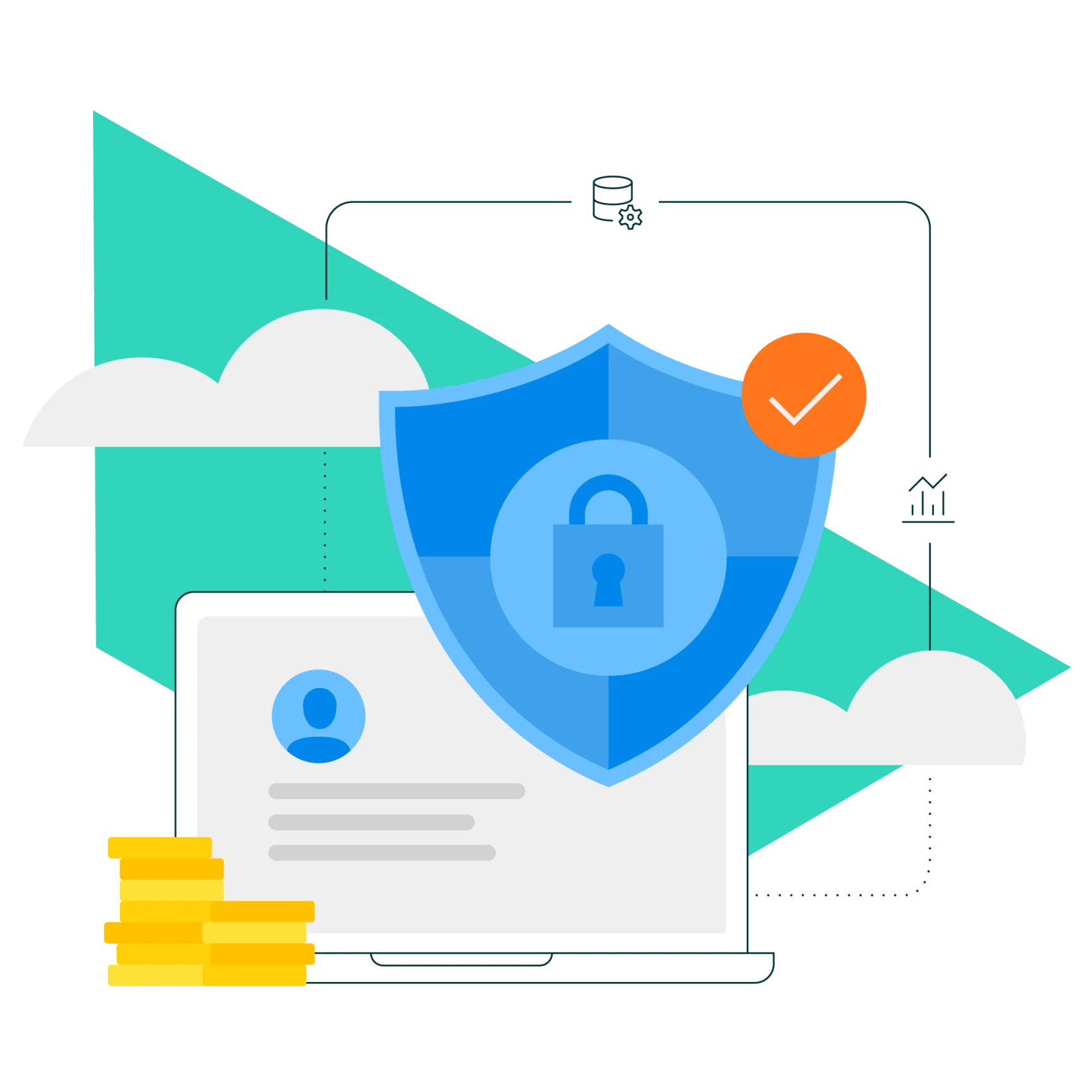 Illustration of a laptop with a user profile, a large blue shield with a padlock symbol indicating security, gold coins, clouds, and data connection icons.