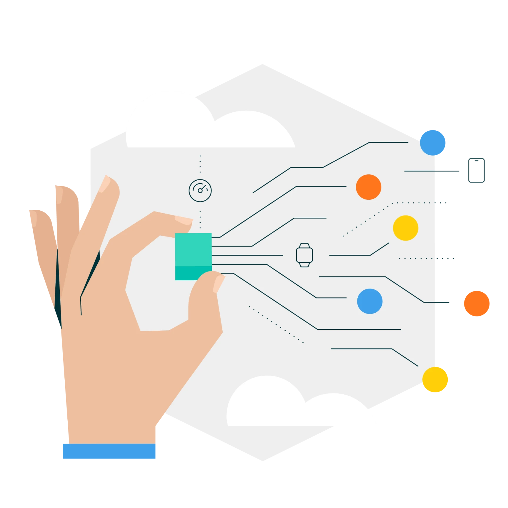 Illustration of a hand holding a small teal chip connected to various colored dots representing technology and cloud computing icons.