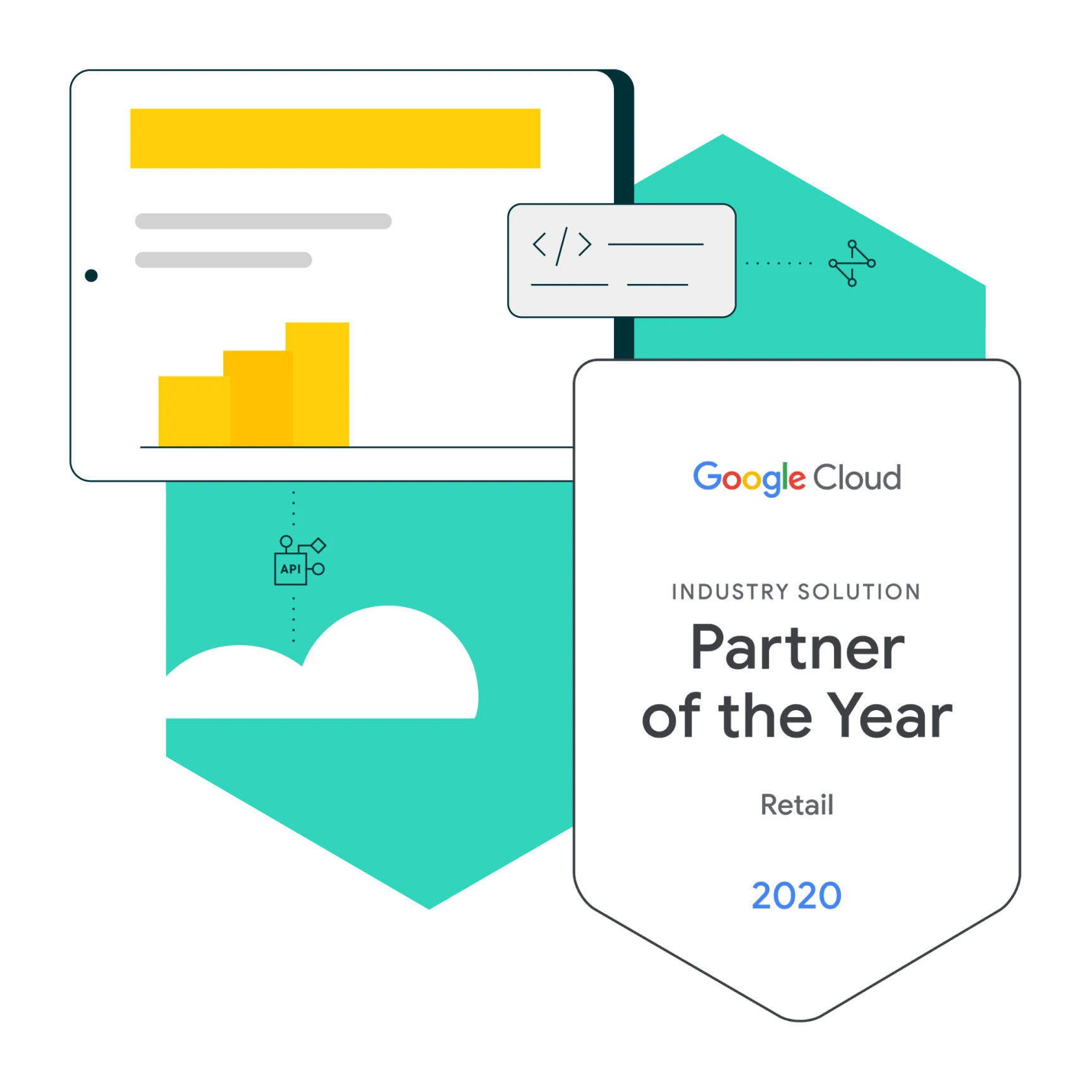 Google Cloud Partner of the Year 2020 badge for Industry Solution in Retail with graphics of a tablet, cloud, API, and coding symbols.