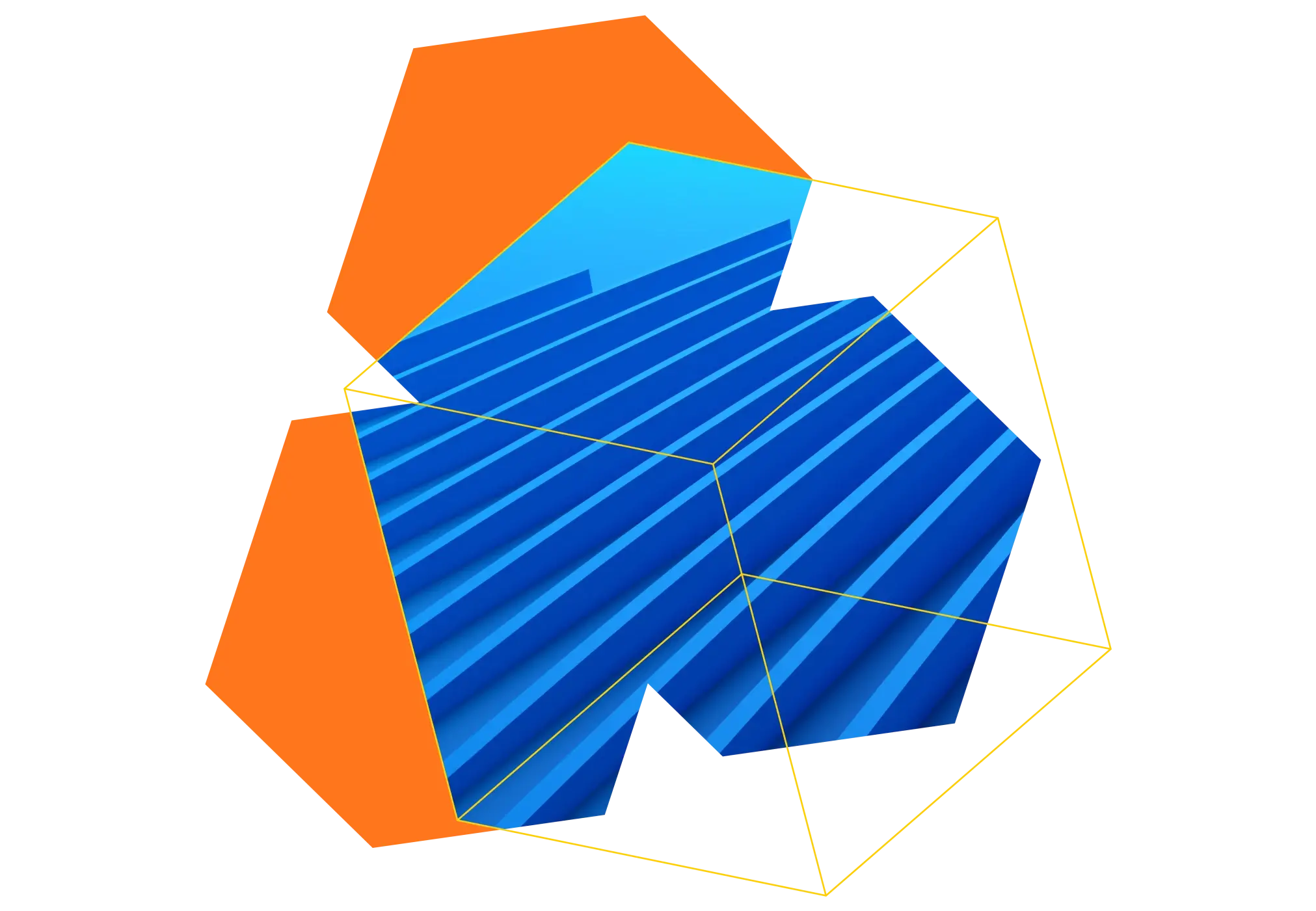 Stylized geometric 3D shape composed of blue striped surfaces and orange facets outlined in yellow wireframe on a black background.