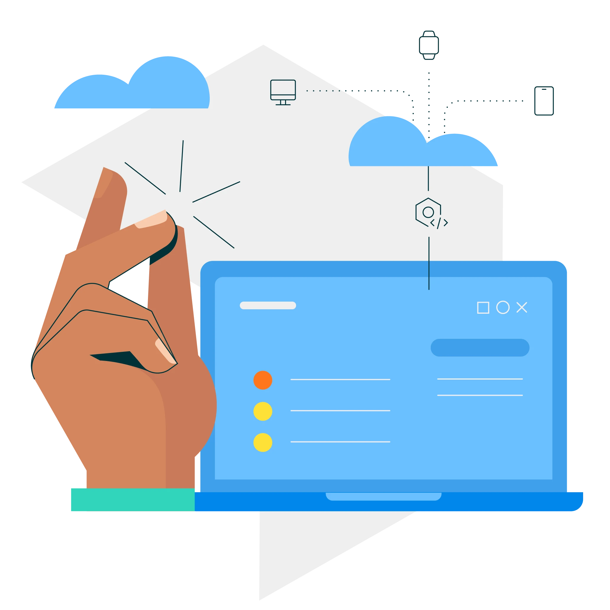 Illustration of a hand snapping fingers next to a laptop with cloud and device icons representing API connectivity.