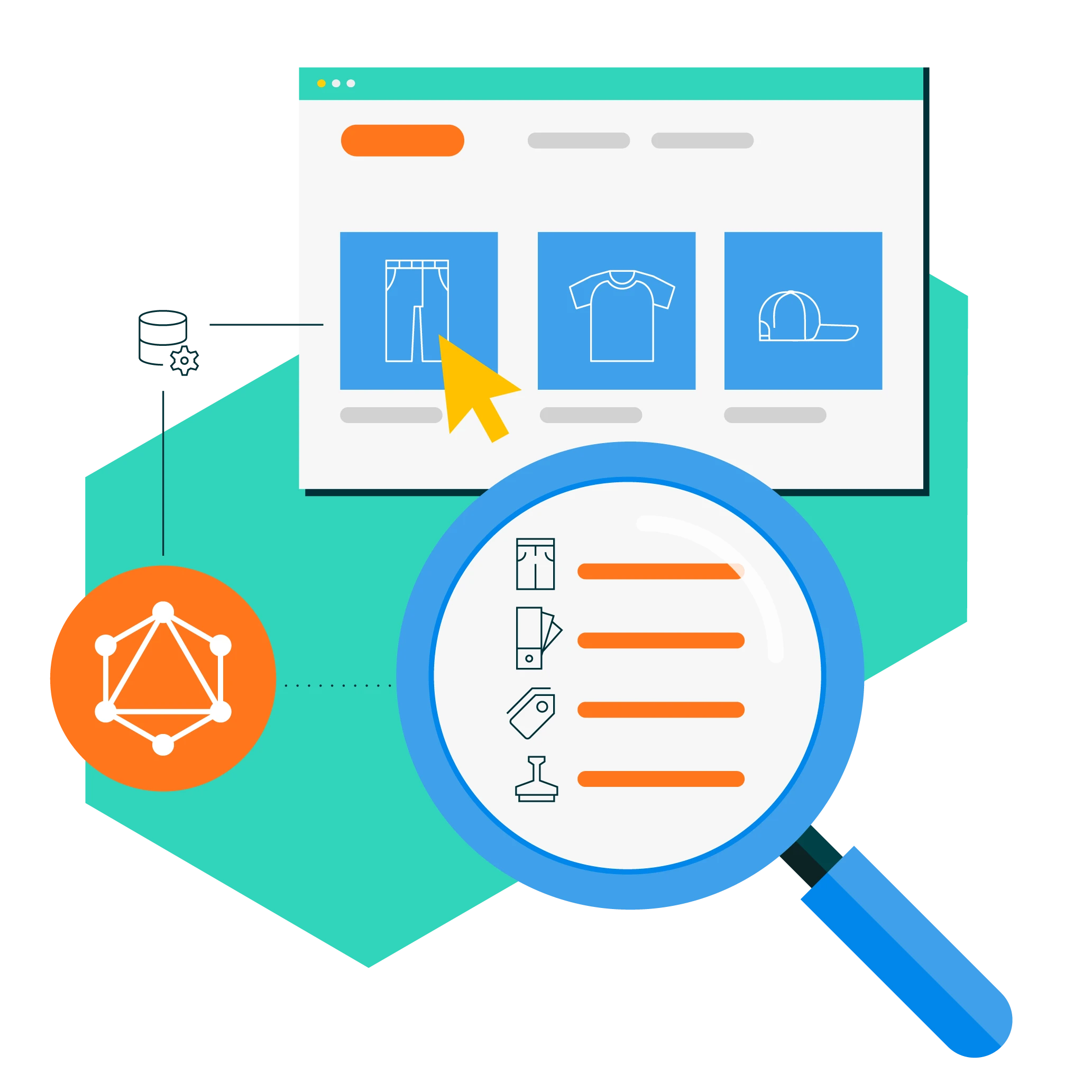 Illustration of a clothing selection interface with icons for pants, shirt, and cap; a yellow cursor points to pants, and a magnifying glass highlights details for the pants item.