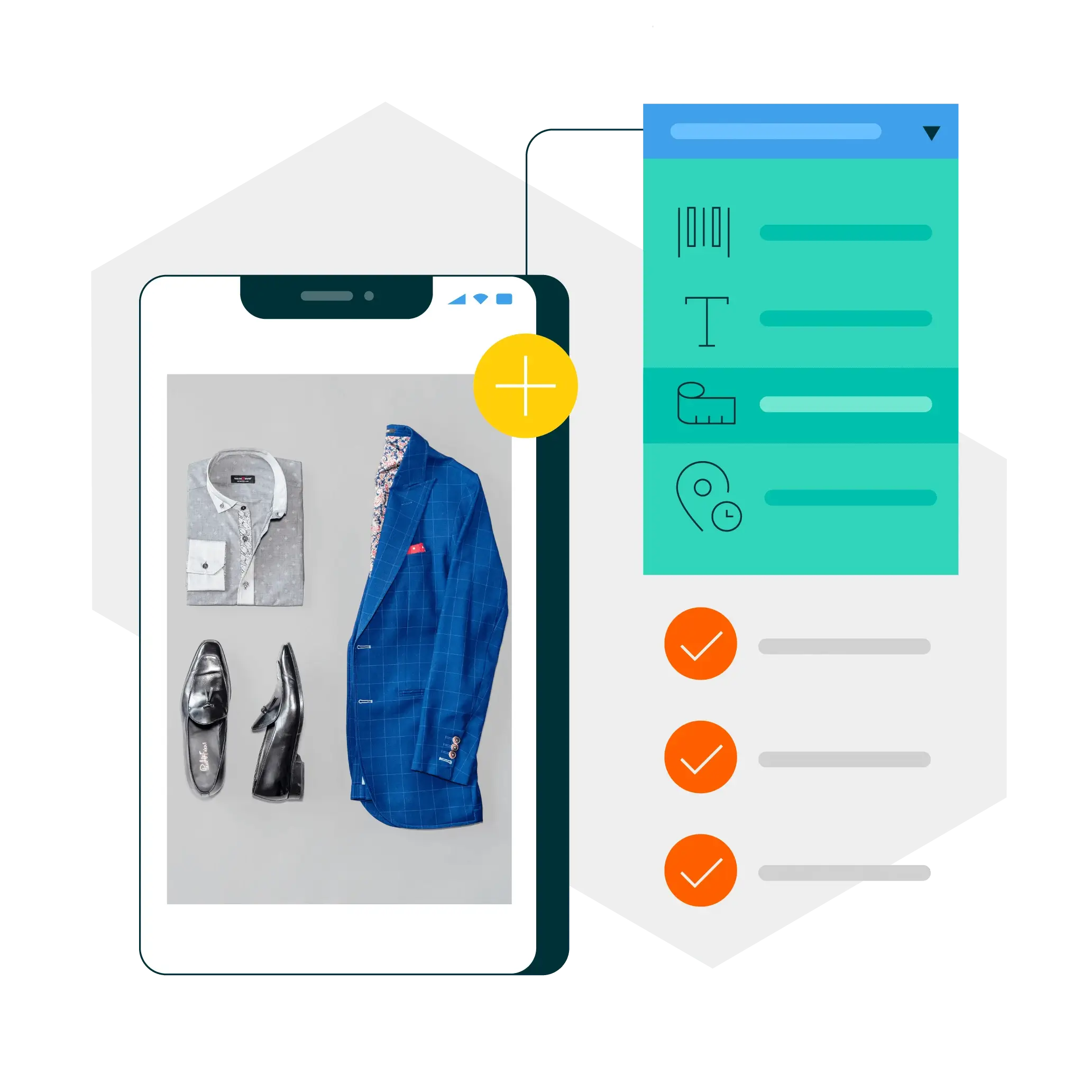 Smartphone displaying a blue blazer, folded shirt, and black shoes with a digital tool panel and checklist beside it.