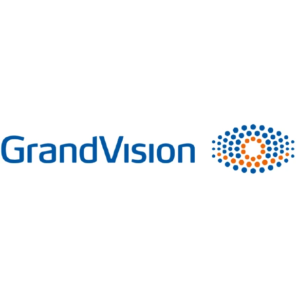 GrandVision logo with blue text and an eye design made of blue and orange dots.