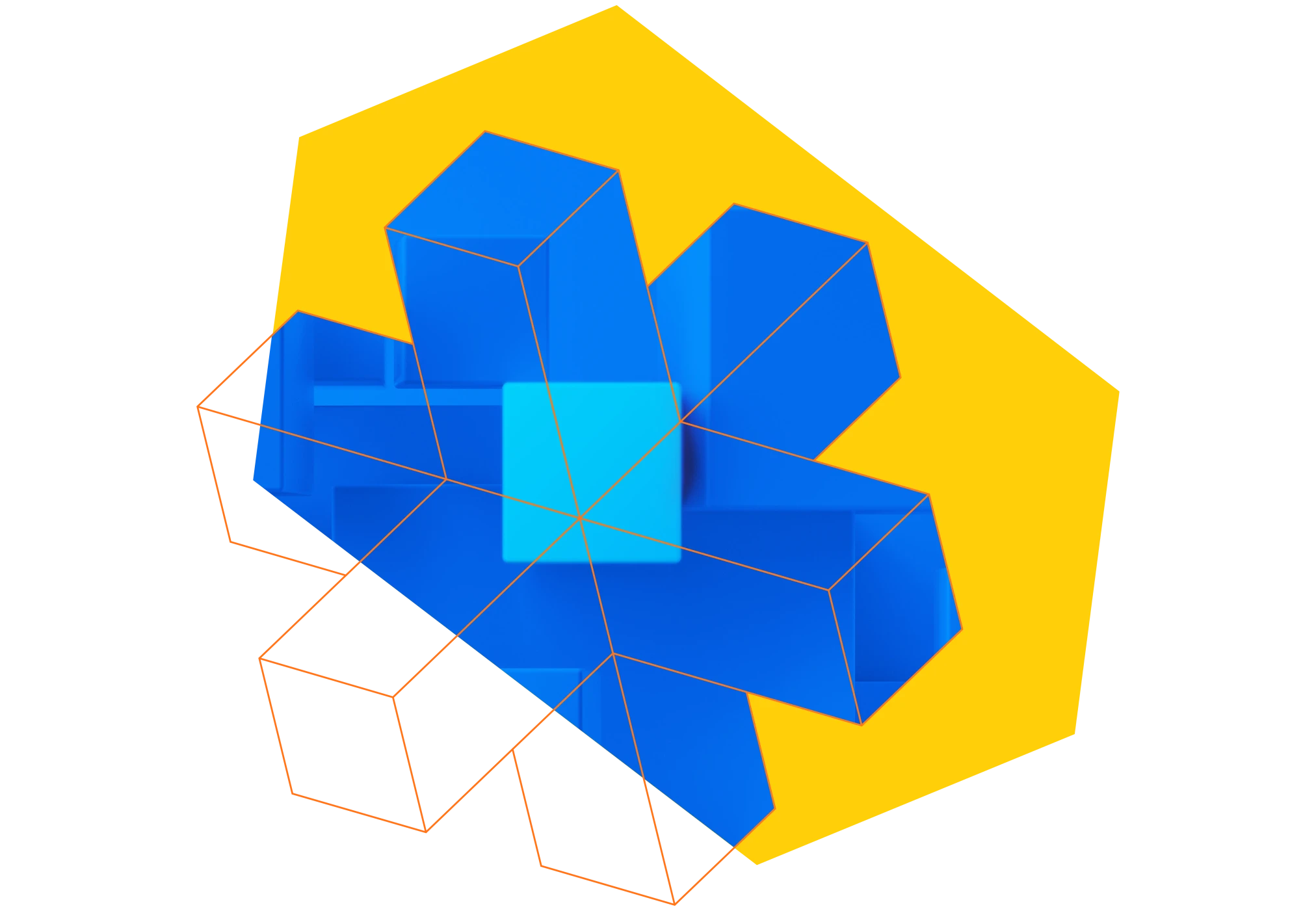 Abstract 3D blue cross shape with outlined cubes on a yellow angular background.