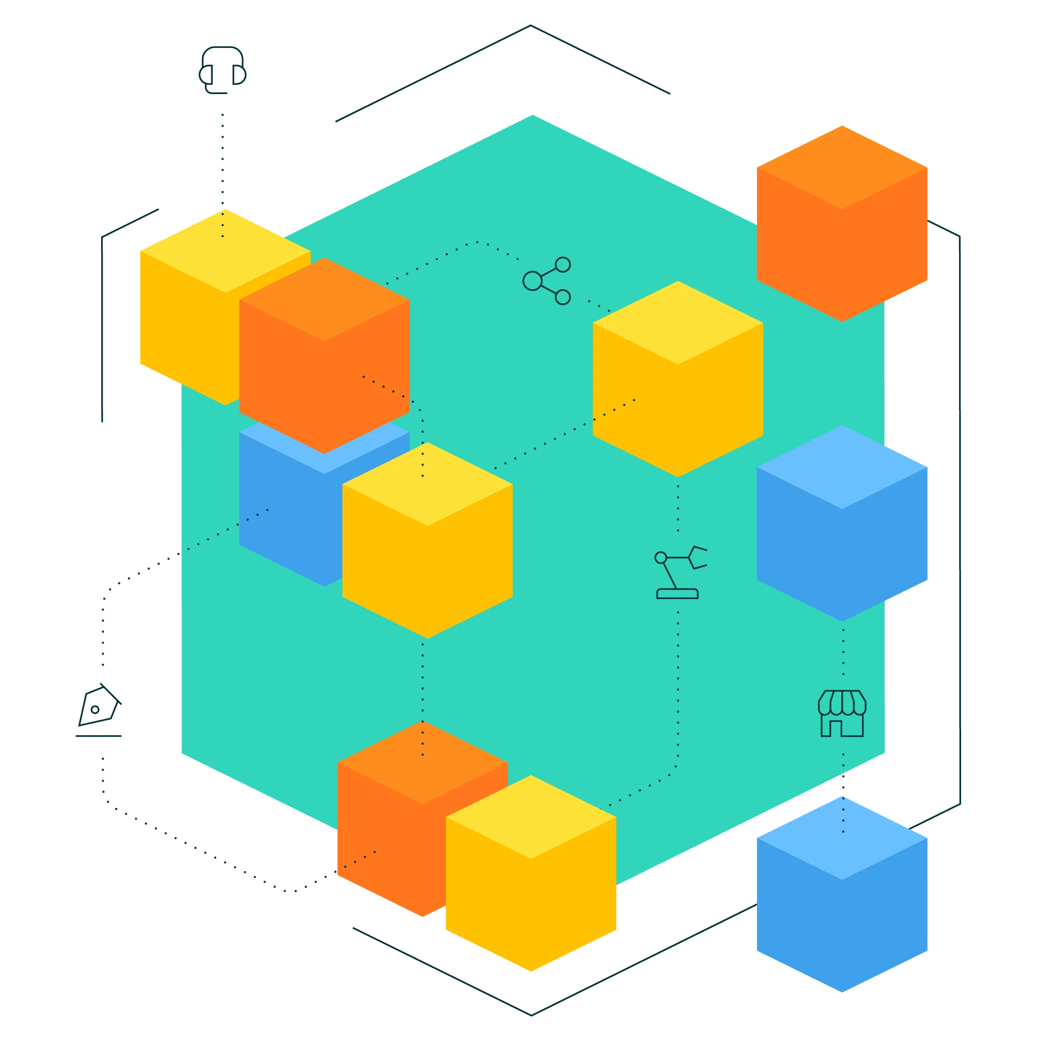 Colorful 3D cubes in yellow, orange, and blue connected by dotted lines within a larger teal hexagonal shape, with small icons of headphones, share nodes, robotic arm, and shop.