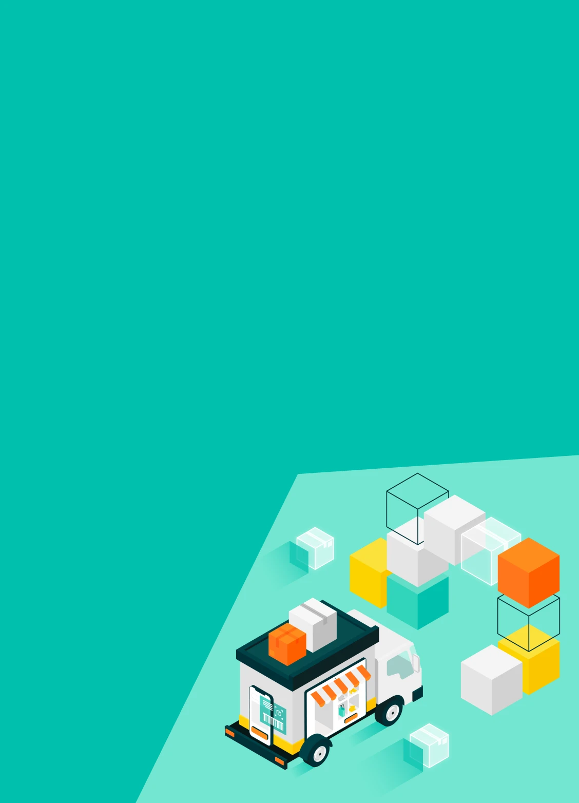 Isometric delivery truck with packages on and around it, suggesting logistics and shipment services on a teal background.